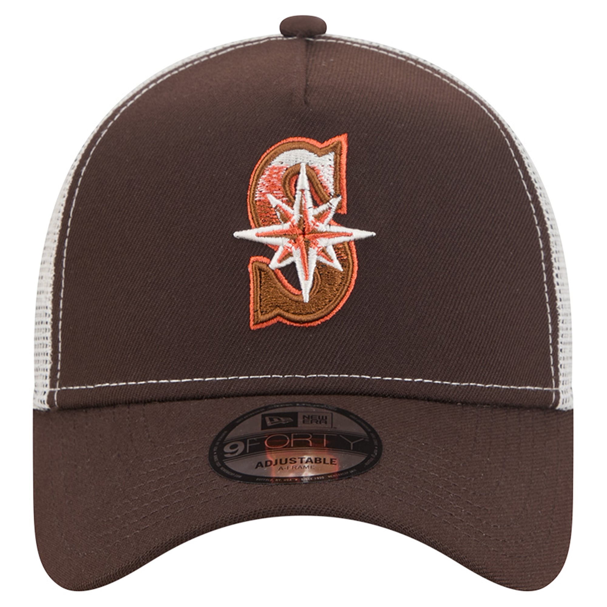 Men's New Era Brown Seattle Mariners Pumpkin Spice A-Frame 9FORTY Adjustable Trucker Hat