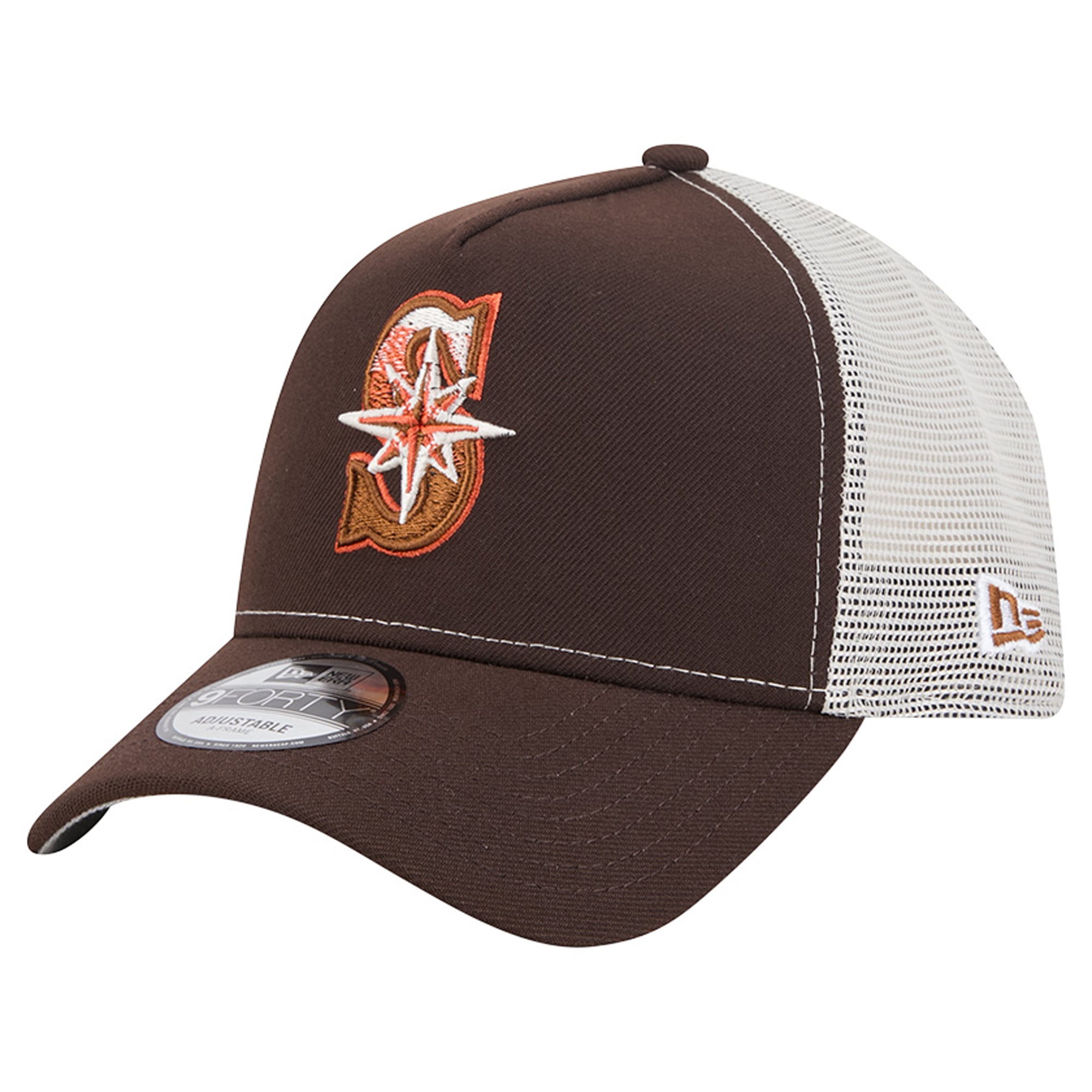 Men's New Era Brown Seattle Mariners Pumpkin Spice A-Frame 9FORTY Adjustable Trucker Hat