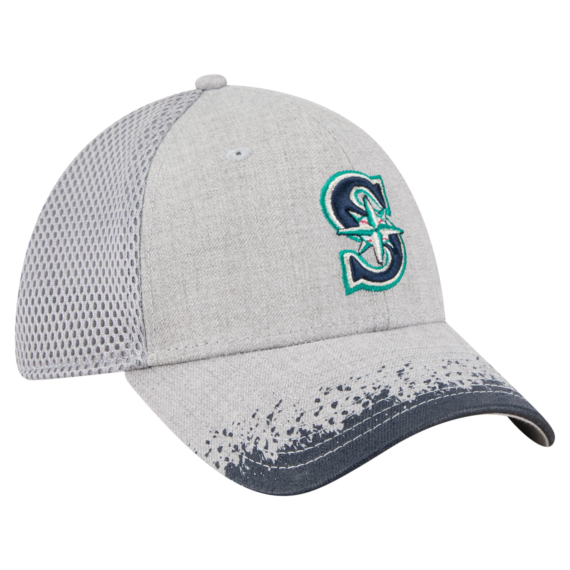 Casquette New Era 39THIRTY Flex grise pour homme, visière à motif éclaboussures de peinture, des Mariners Seattle