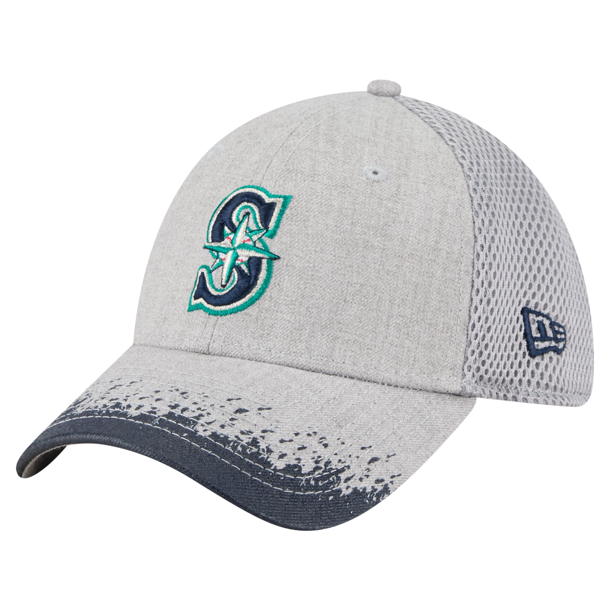 Casquette New Era 39THIRTY Flex grise pour homme, visière à motif éclaboussures de peinture, des Mariners Seattle