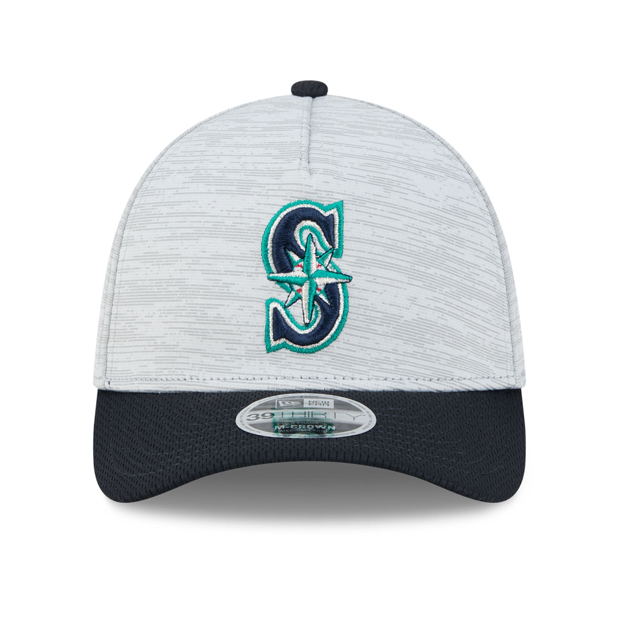 Casquette New Era Tech 39THIRTY Flex grise et marine Seattle Mariners pour homme