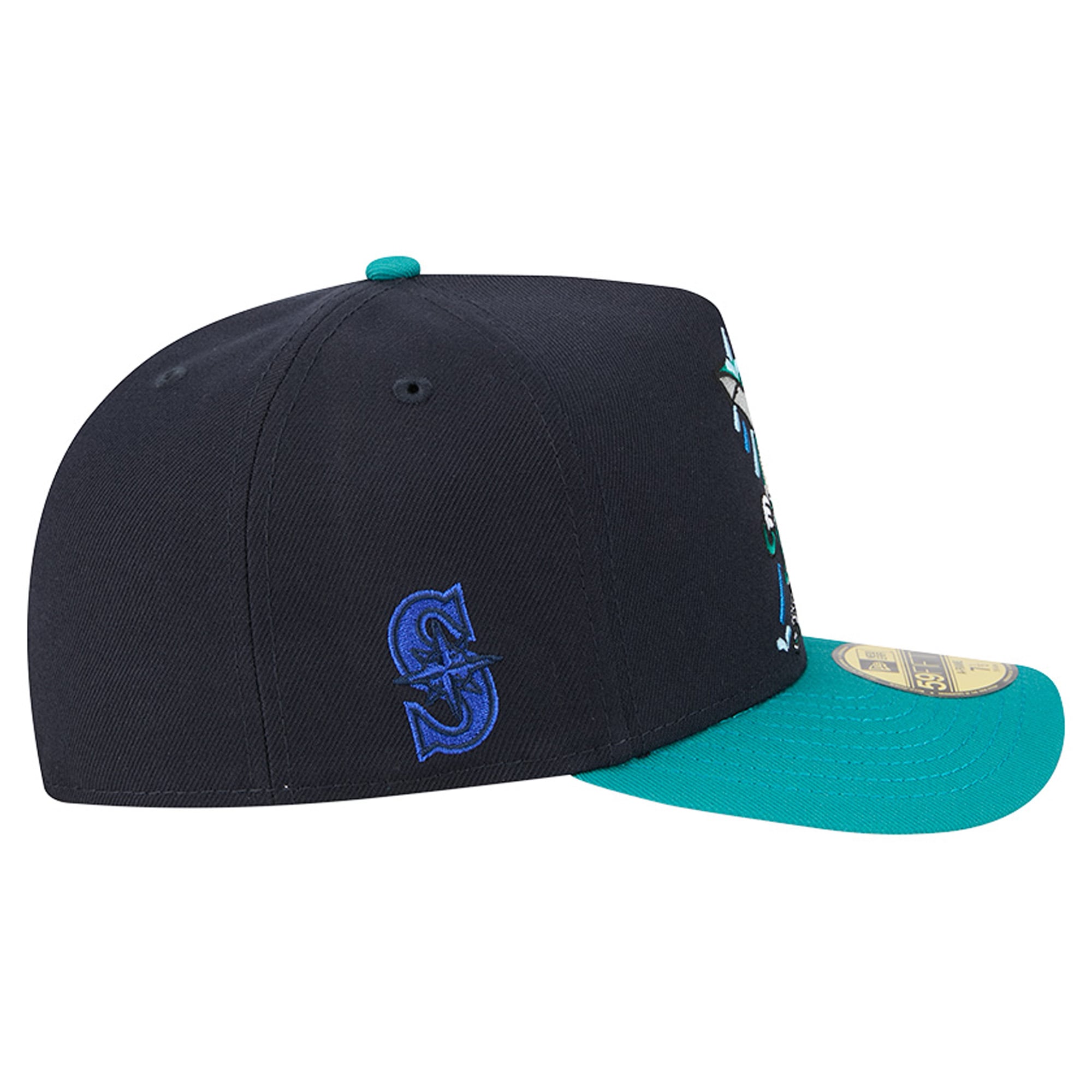 Casquette ajustée New Era 59FIFTY pour homme, bleu marine/turquoise, motif dessin animé des Seattle Mariners