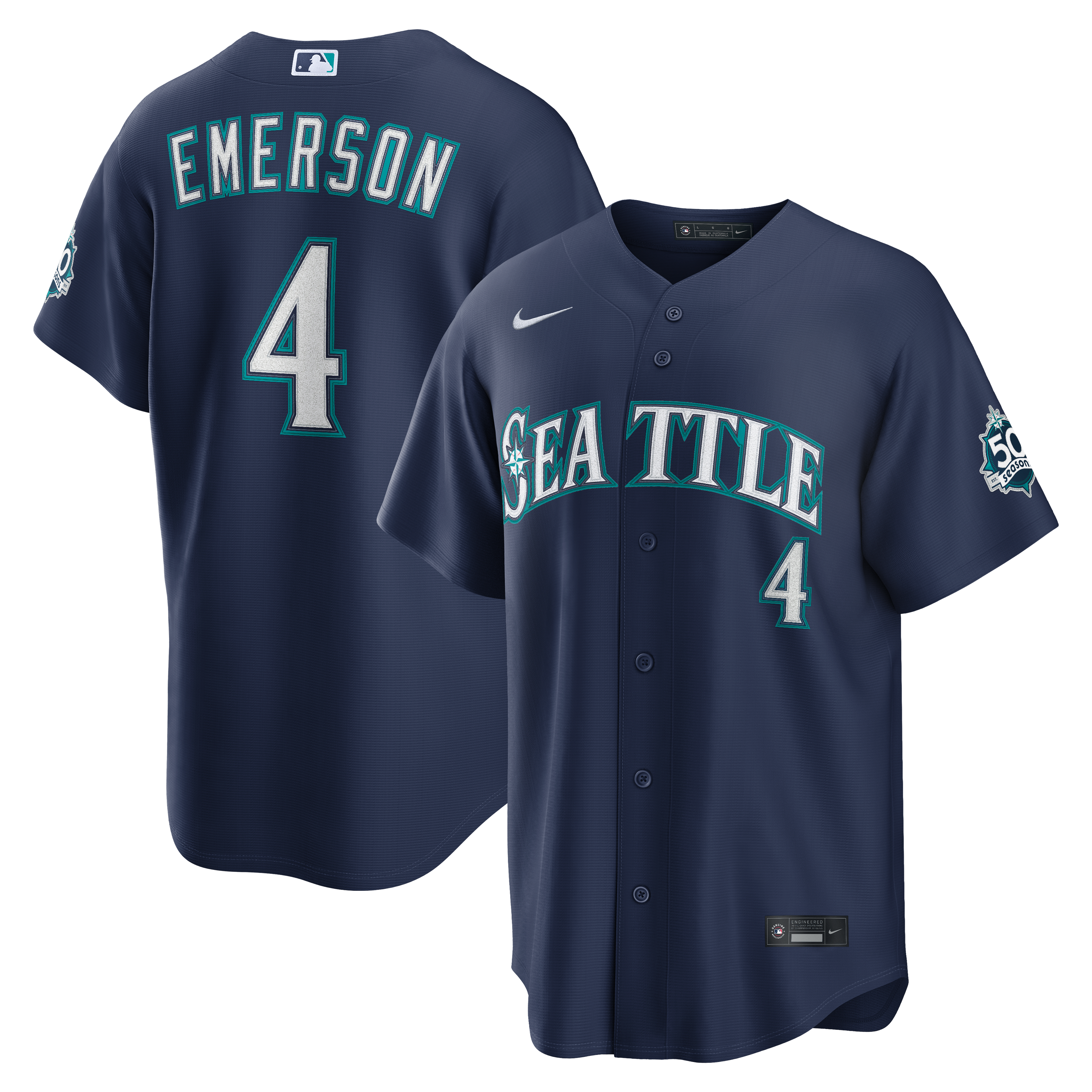 Men's Nike Colt Emerson Navy Seattle Mariners Road 50th Season Anniversary Patch Stadium Jersey