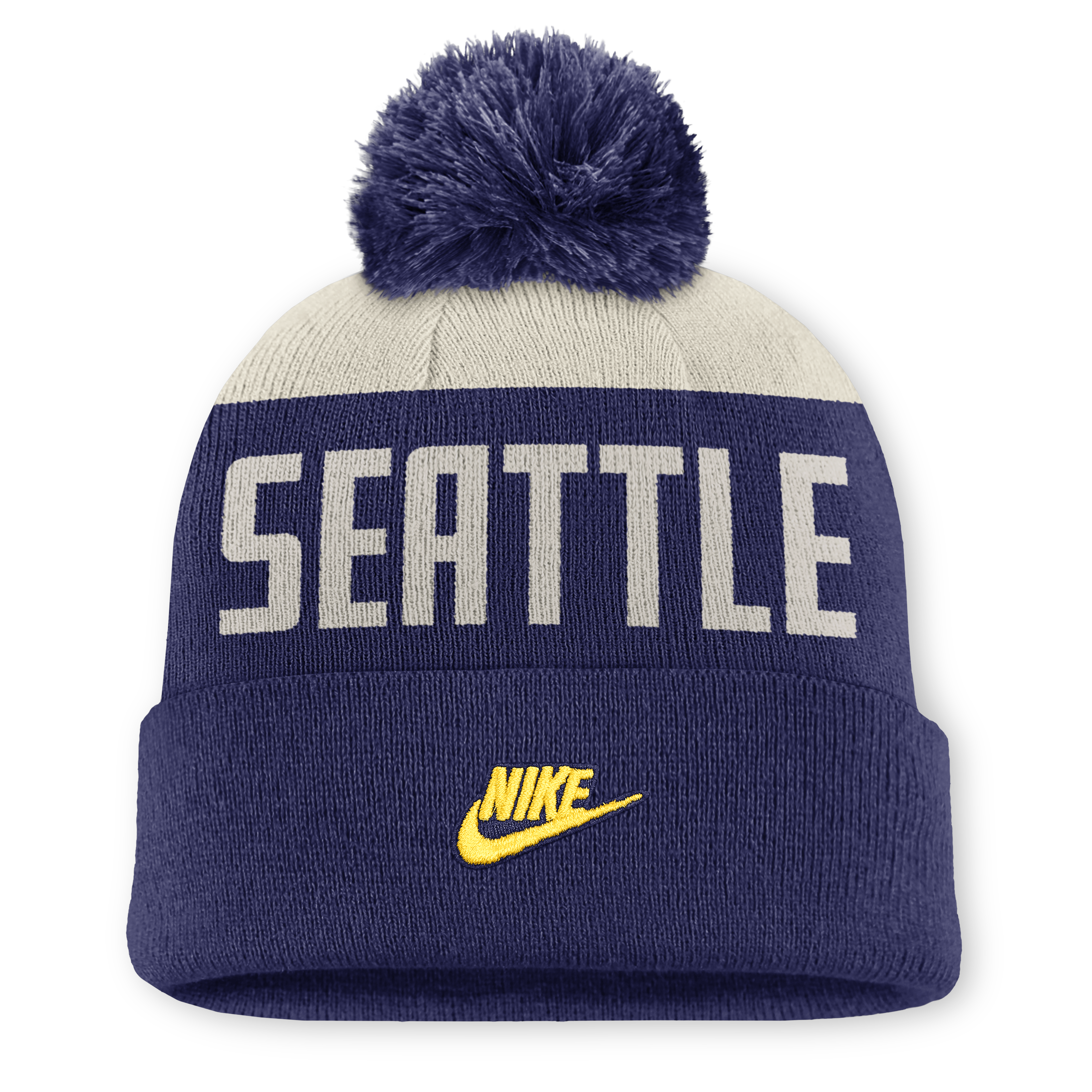 Bonnet à revers Nike Peak Standard pour homme, coloris naturel/marine, collection Seattle Mariners Cooperstown, avec pompon.