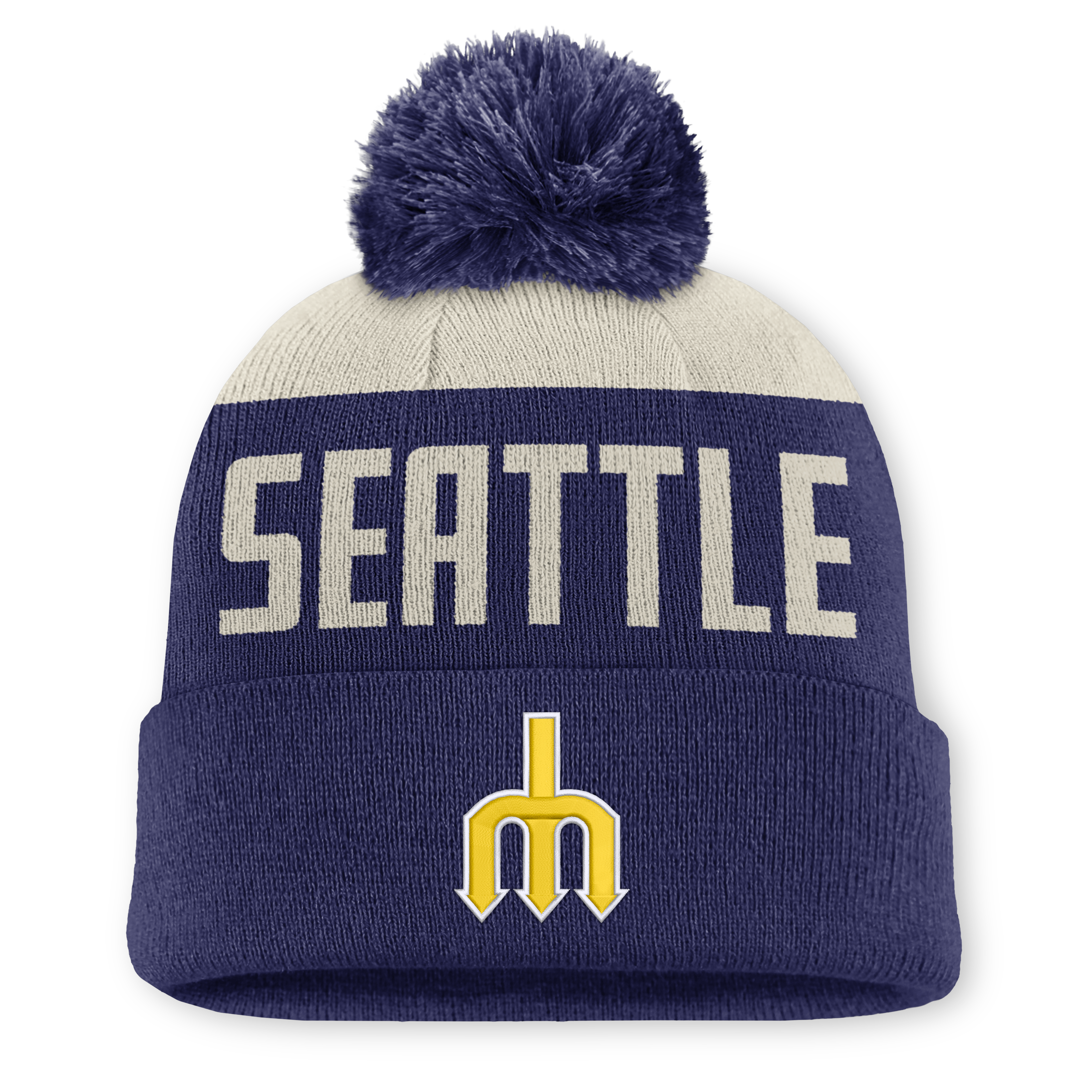 Bonnet à revers Nike Peak Standard pour homme, coloris naturel/marine, collection Seattle Mariners Cooperstown, avec pompon.