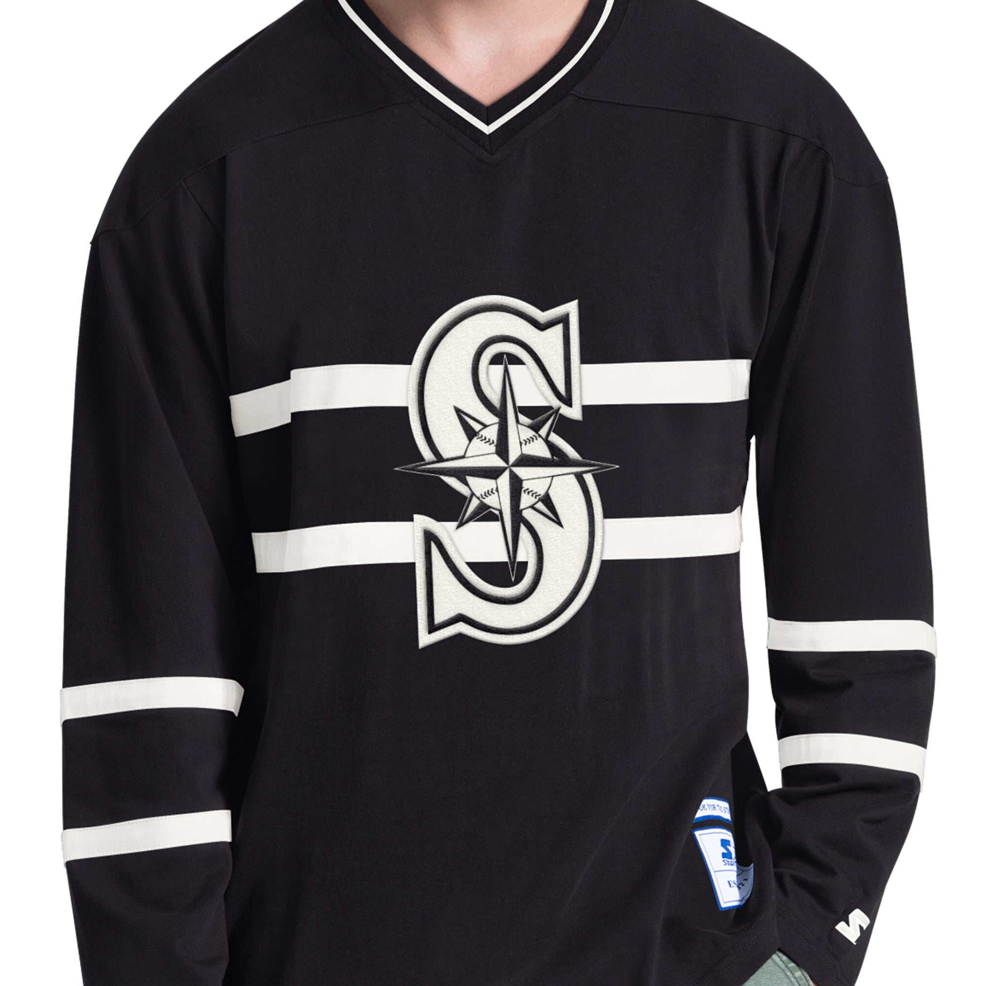 Men's Starter Black Seattle Mariners Line Up Long Sleeve V-Neck T-Shirt