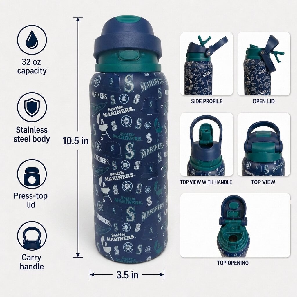 Gourde Pegasus Seattle Mariners 32 oz, motif fanion de match, en acier inoxydable ProPress