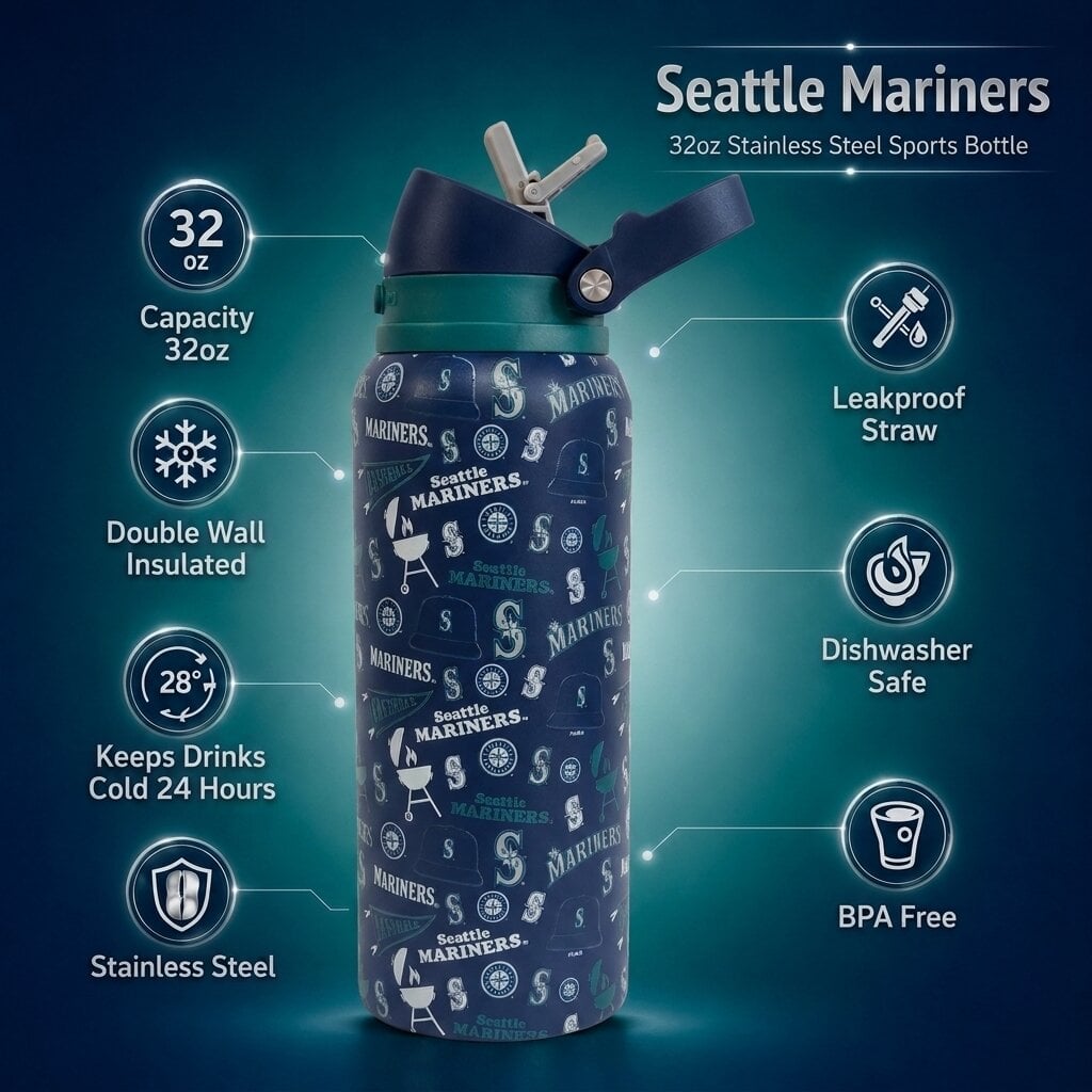 Gourde Pegasus Seattle Mariners 32 oz, motif fanion de match, en acier inoxydable ProPress