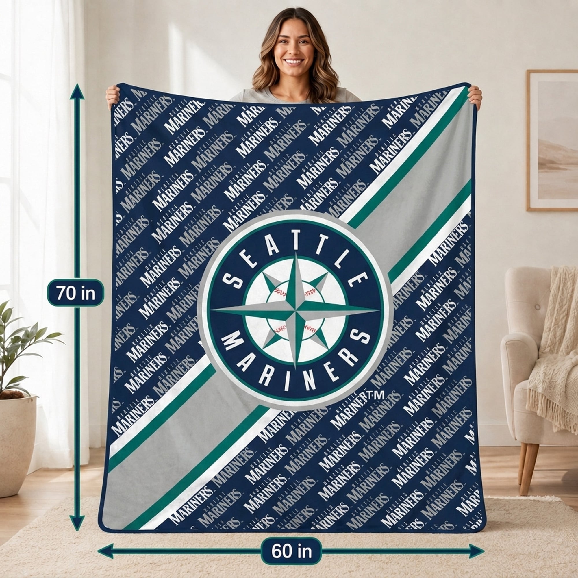 Couverture ultra douce Pegasus Seattle Mariners 60" x 70" (diagonale) avec logo et doublure