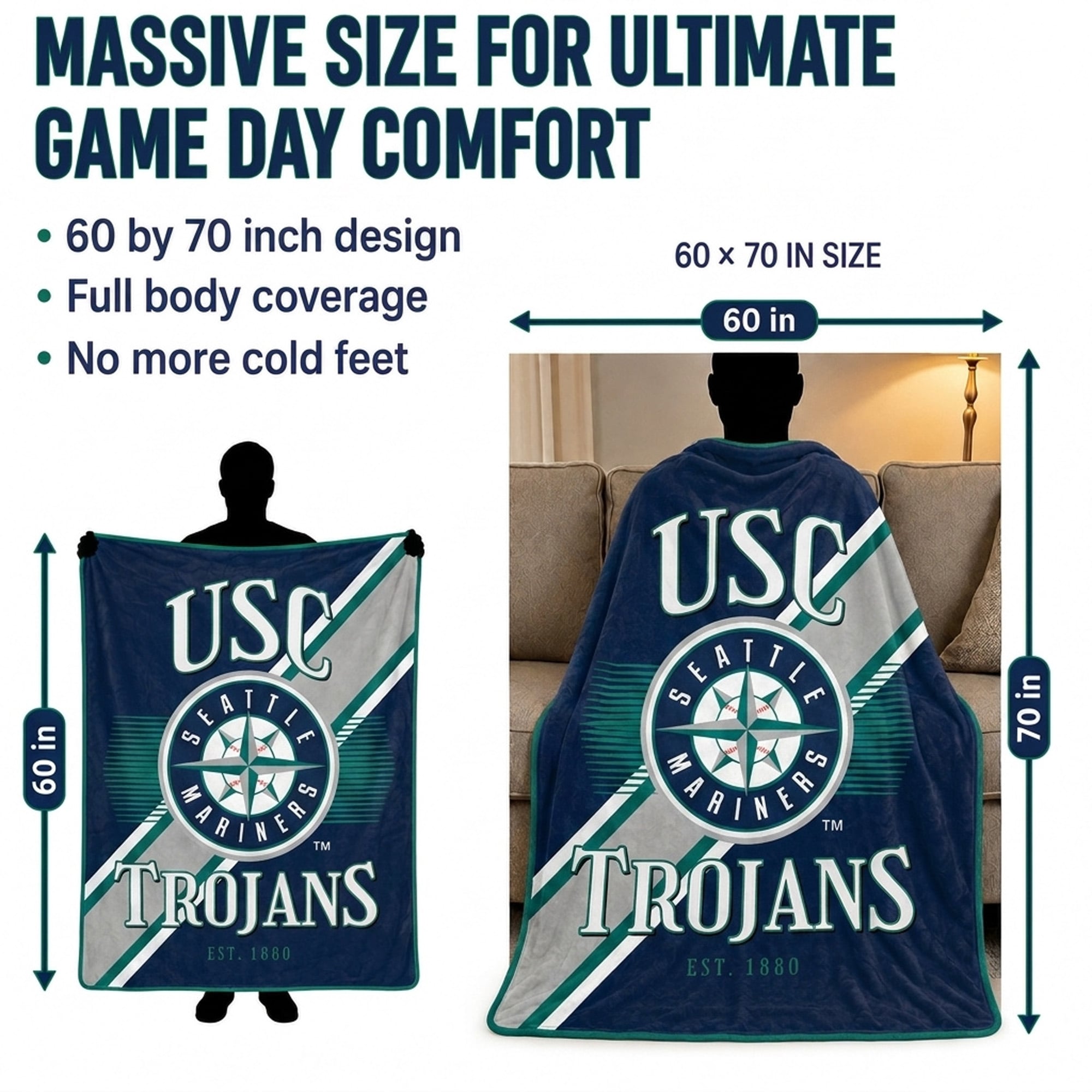 Couverture ultra douce Pegasus Seattle Mariners 60" x 70" (diagonale) avec logo et doublure