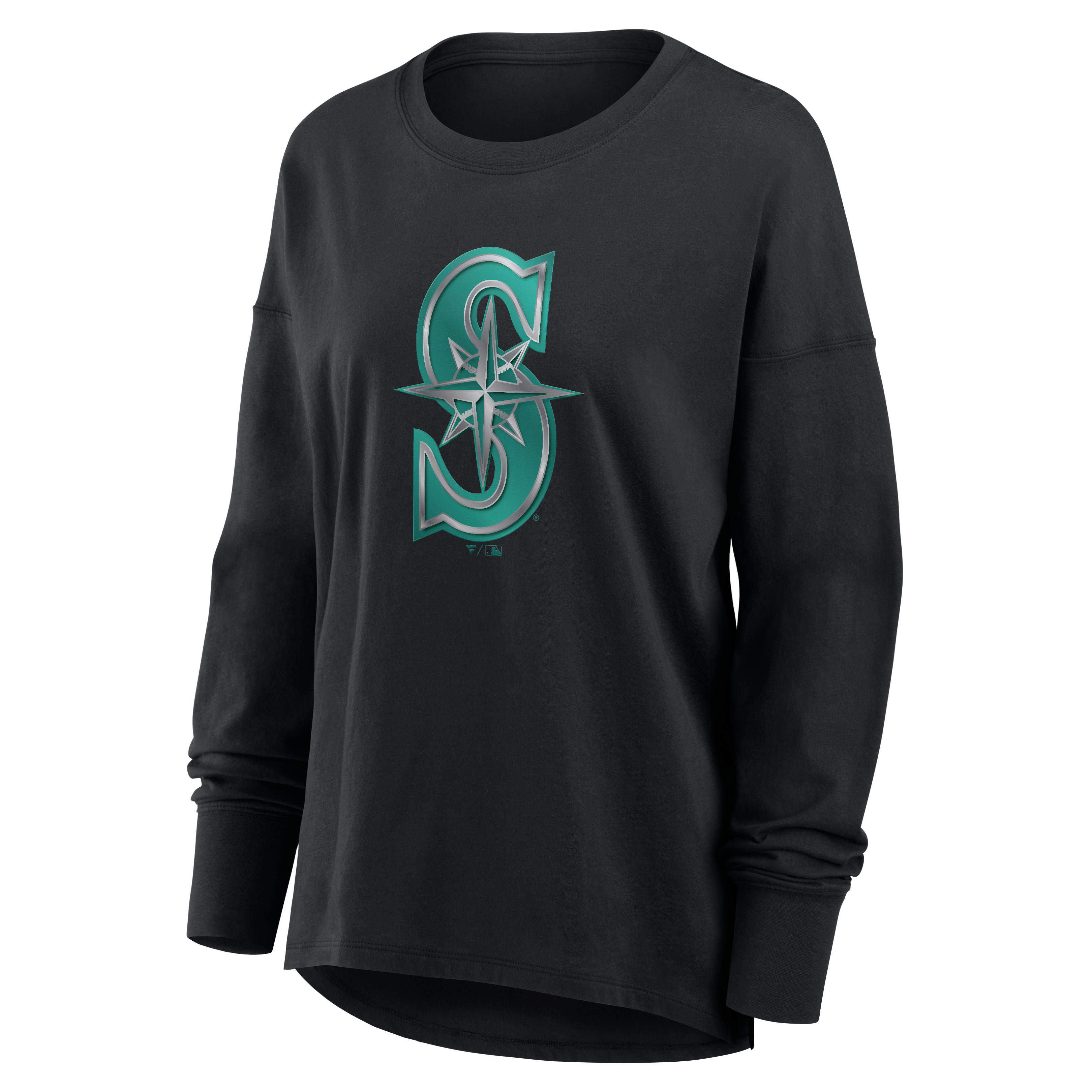 T-shirt à manches longues noir pour femmes avec mascotte métallique des Mariners de Seattle