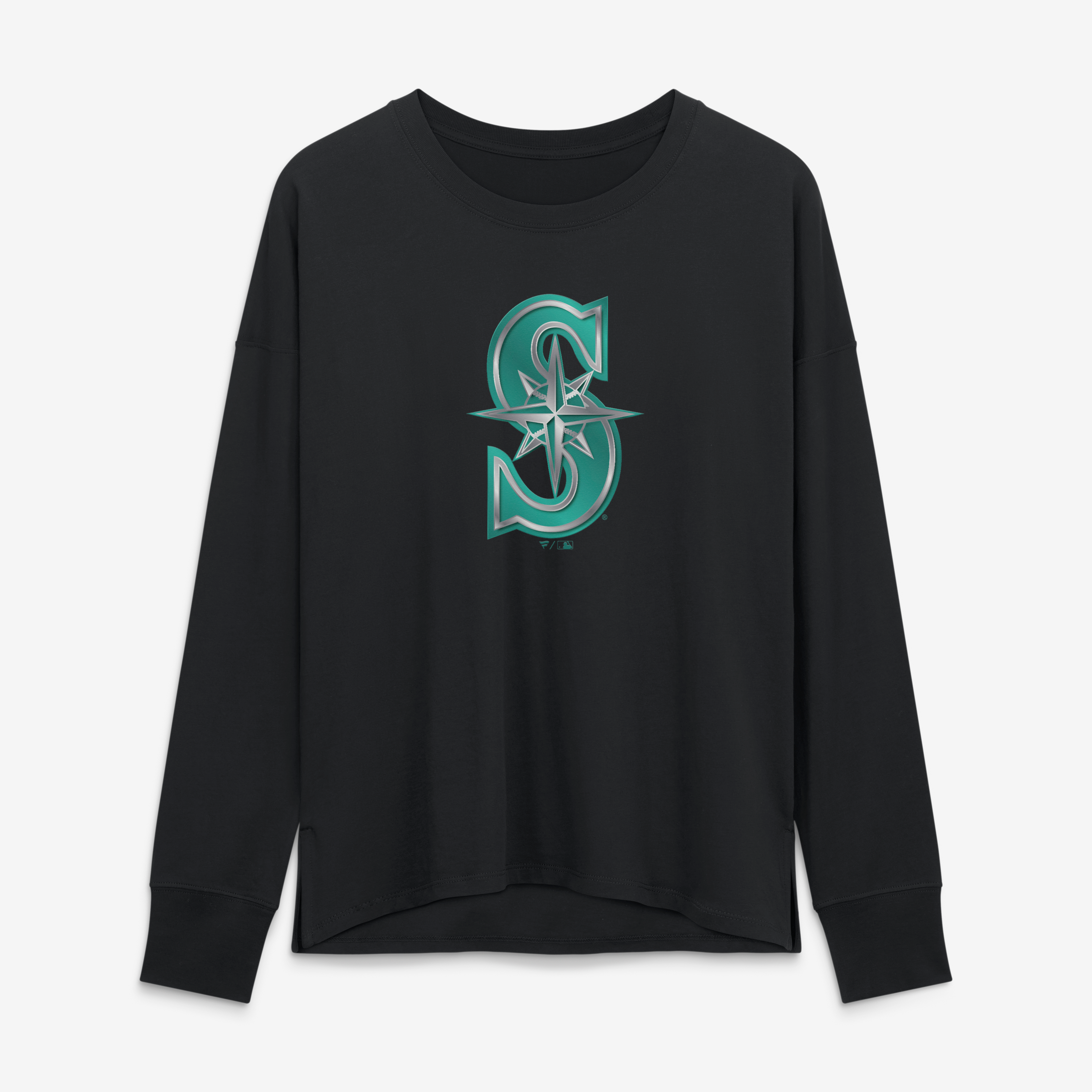 T-shirt à manches longues noir pour femmes avec mascotte métallique des Mariners de Seattle