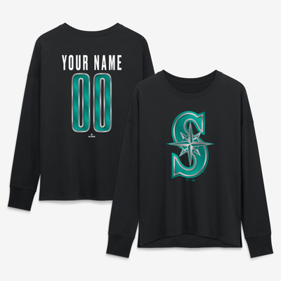 Seattle Mariners Women's Metallic Mascot Personalized Name & Number Long Sleeve T-Shirt - Black