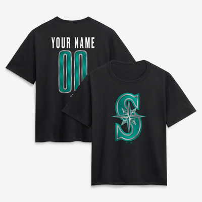 Seattle Mariners Women's Metallic Mascot Personalized Name & Number T-Shirt - Black
