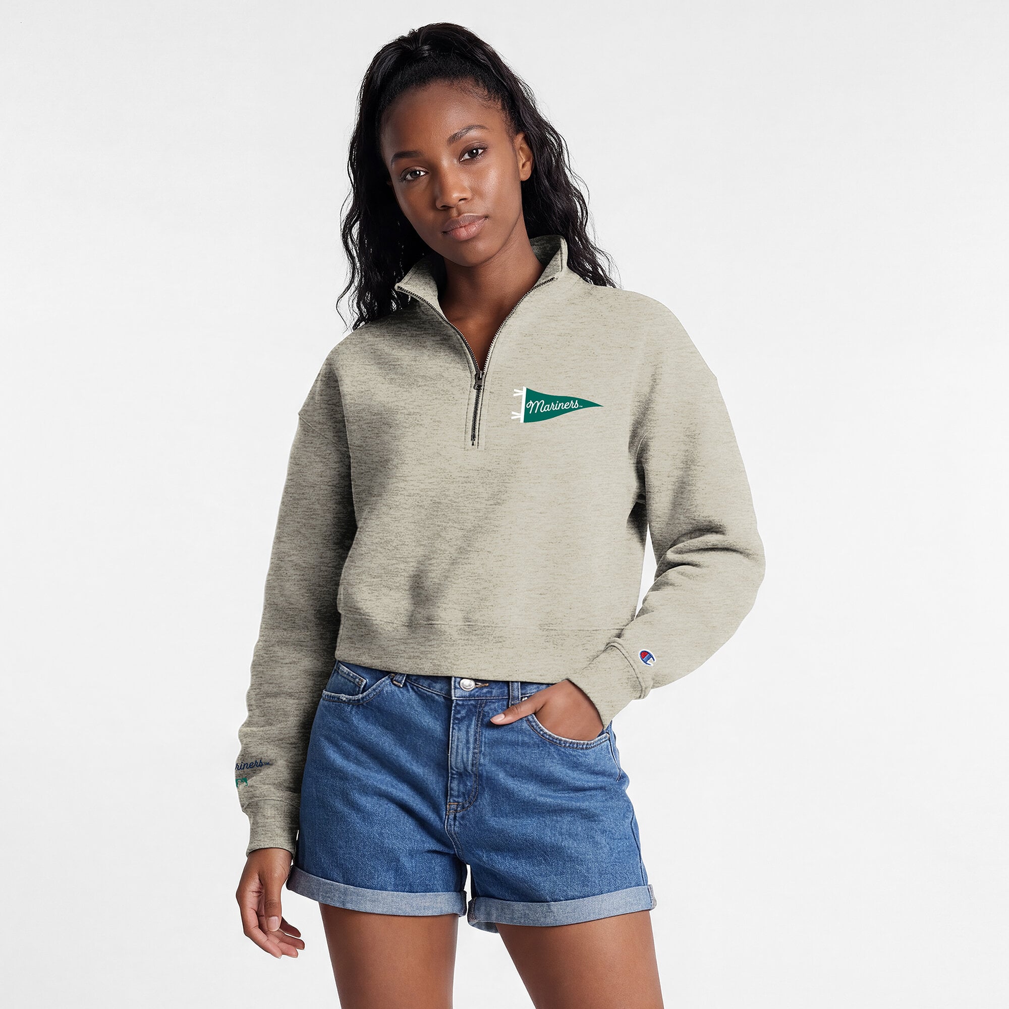 Pull court à col zippé Champion crème Seattle Mariners Triumph en polaire tri-blend pour femme