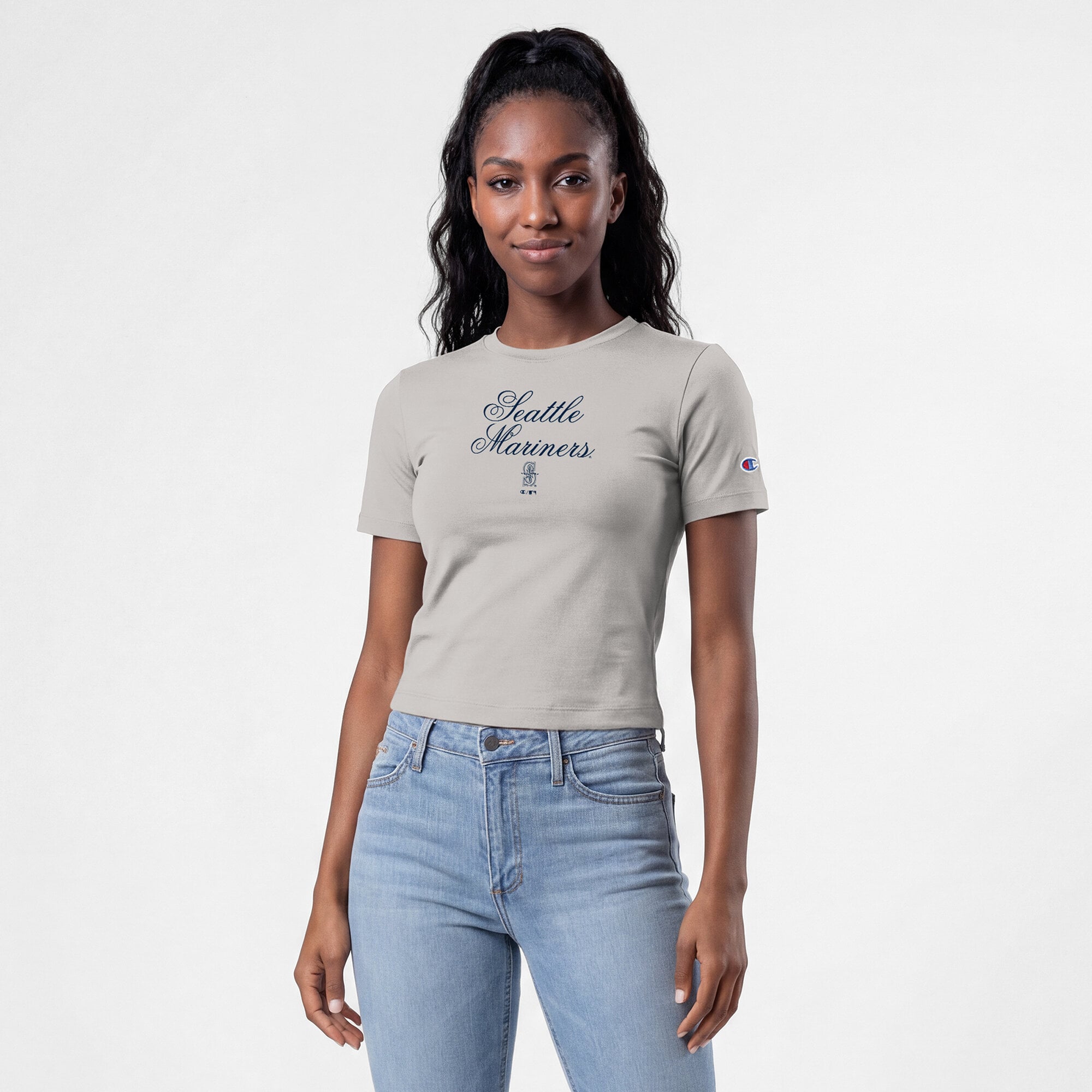 T-shirt court ajusté doux au toucher Champion pour femme, gris Seattle Mariners
