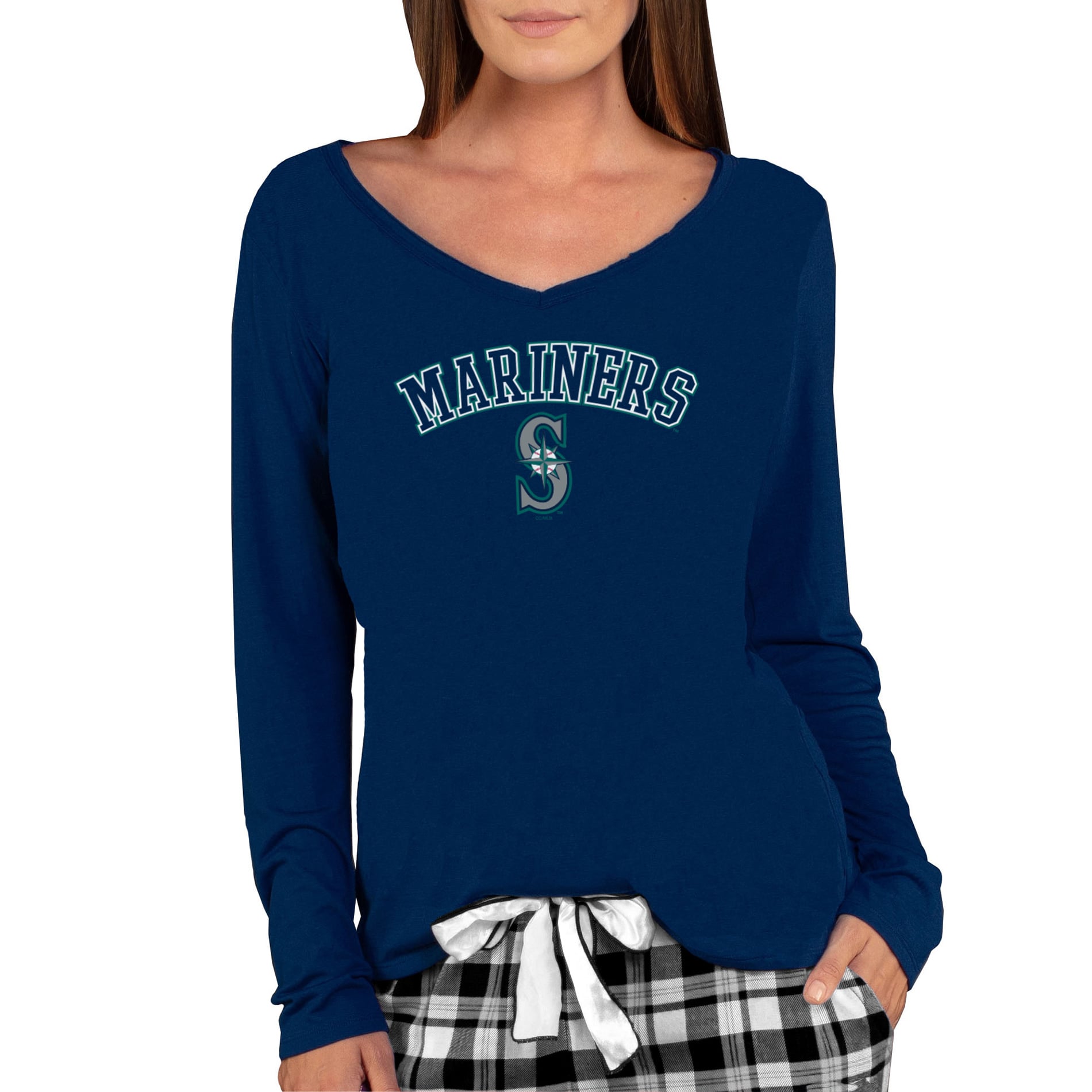 T-shirt à manches longues et col en V maille Concepts Sport bleu marine Seattle Mariners Marathon pour femme