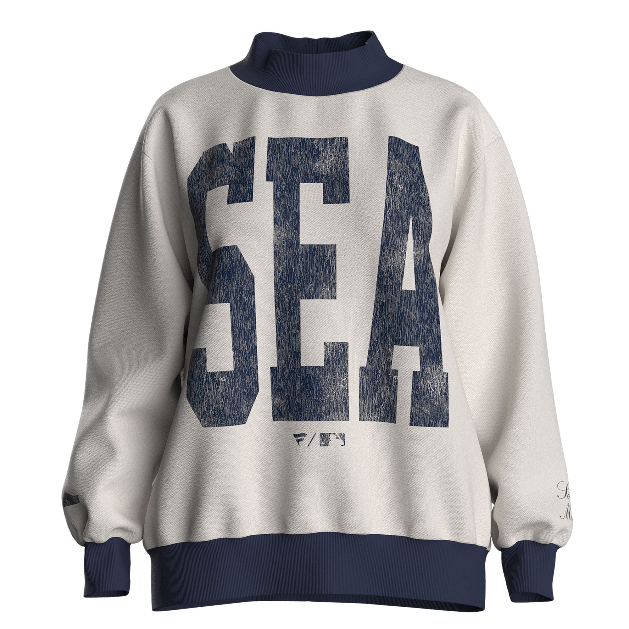 Sweat-shirt polaire à col cheminée pour femme, couleur crème, avec l'abréviation des Mariners de Seattle.