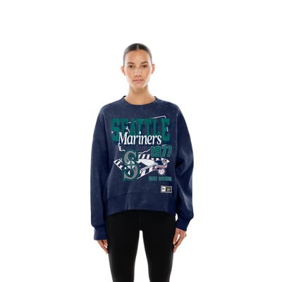 Seattle Mariners New Era Women's Throwback Mineral Wash Boxy Sweatshirt - Navy