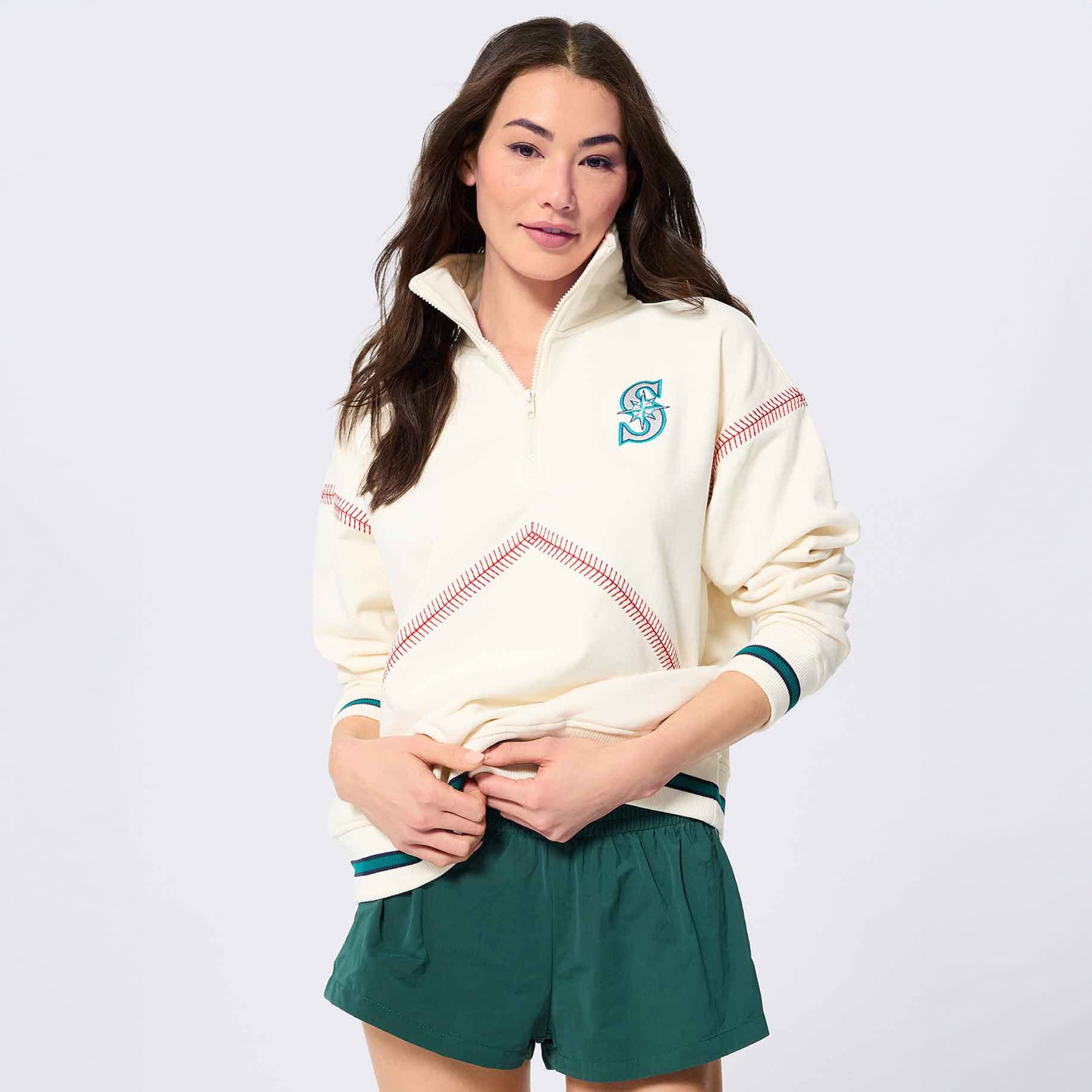 Women's Terez Navy Seattle Mariners Baseball Stitch Quarter-Zip Pullover