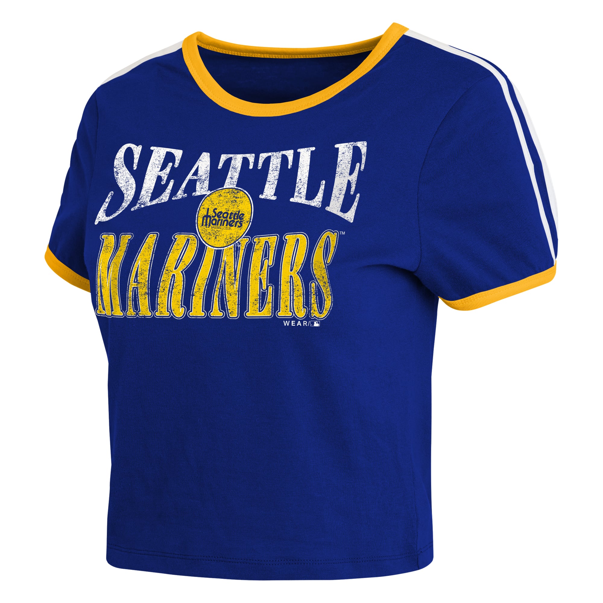 Women's WEAR by Erin Andrews  Navy Seattle Mariners Cropped Throwback Ringer Baby T-Shirt