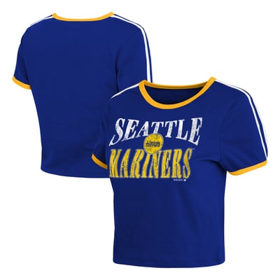  Seattle Mariners WEAR by Erin Andrews Women's Cropped Throwback Ringer Baby T-Shirt - Navy