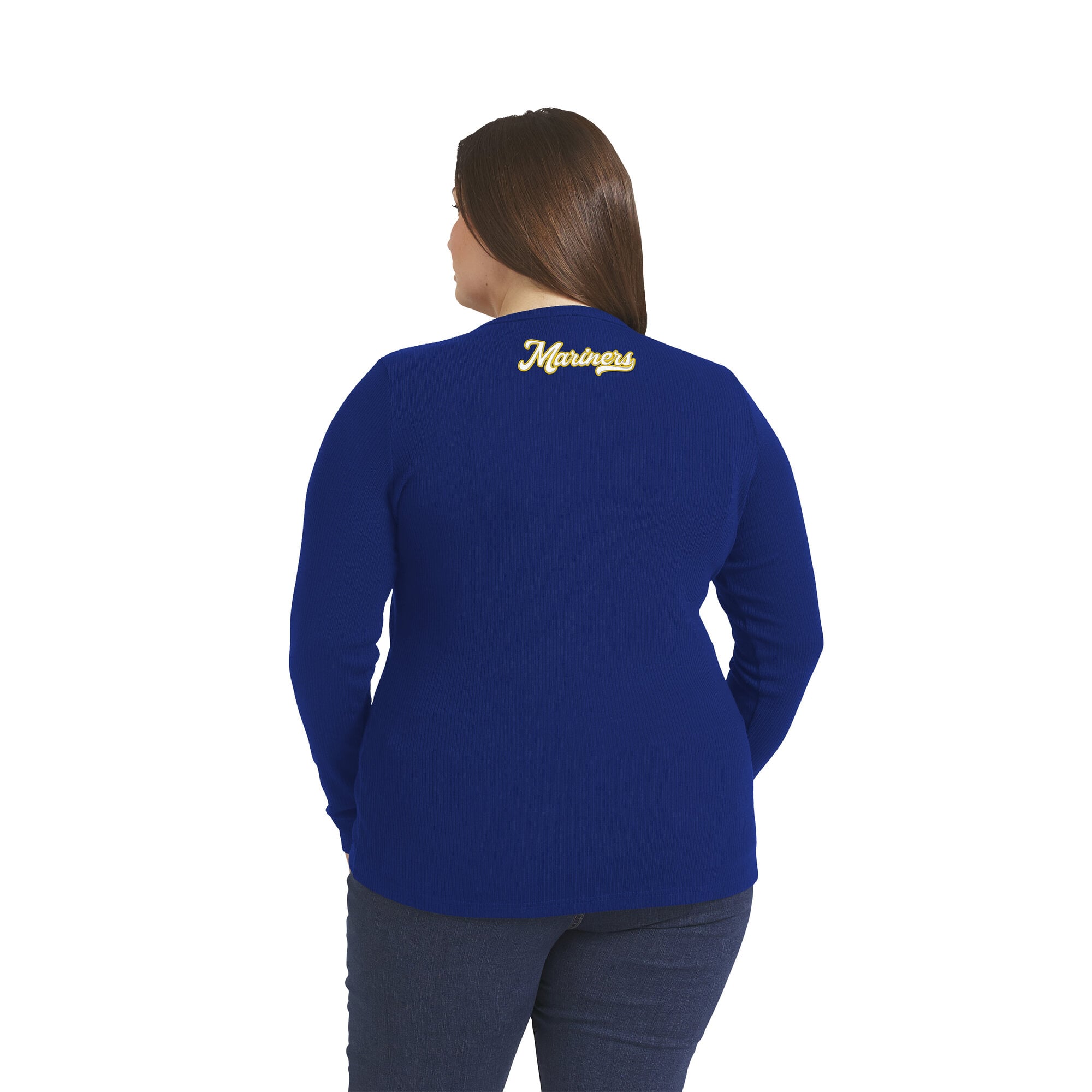 Women's WEAR by Erin Andrews Navy Seattle Mariners Plus-Size Rib-Knit Button-Down Sweater
