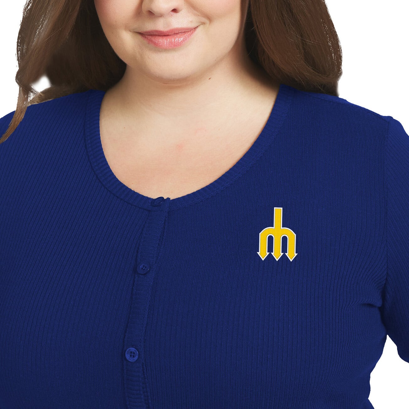 Women's WEAR by Erin Andrews Navy Seattle Mariners Plus-Size Rib-Knit Button-Down Sweater