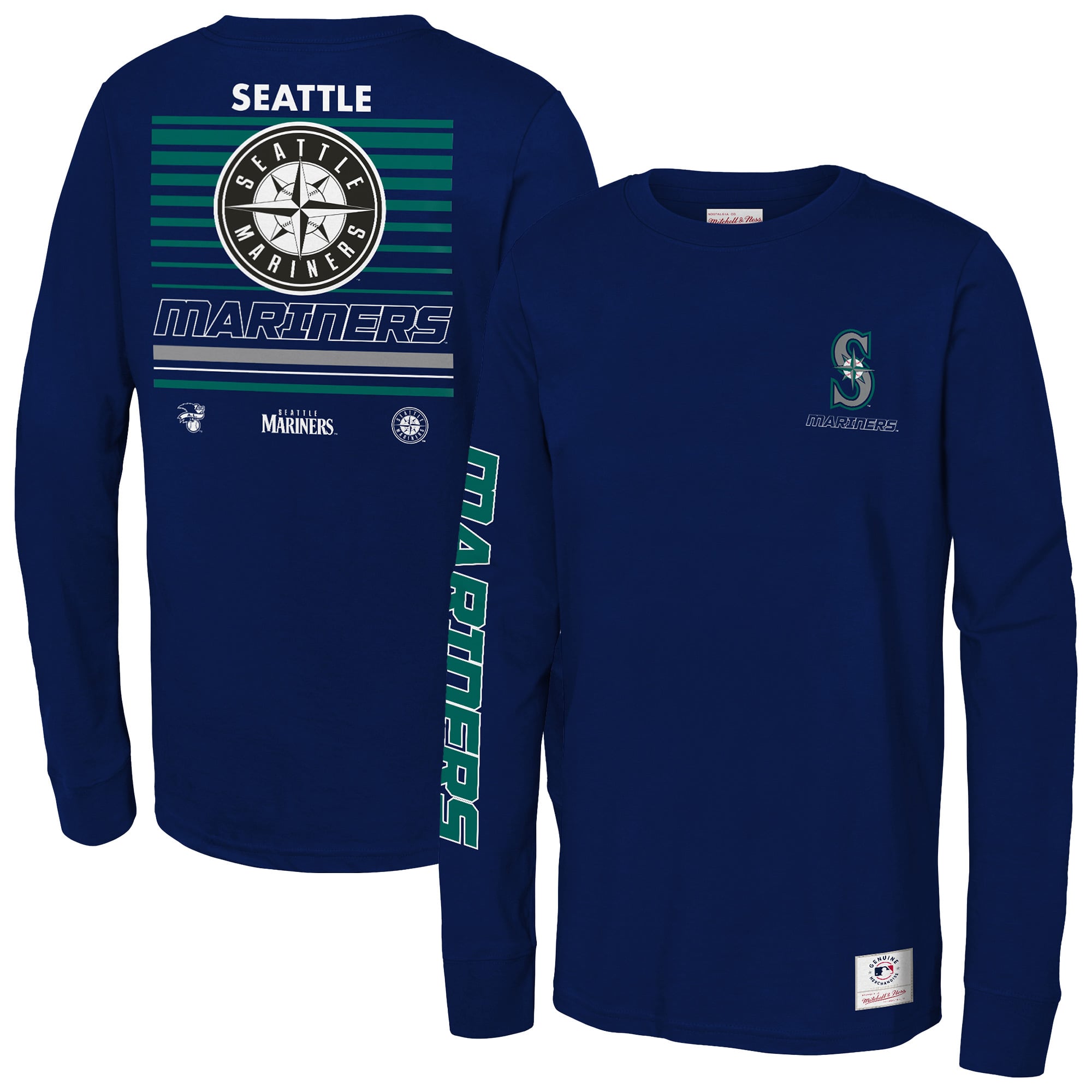T-shirt à manches longues Mitchell & Ness Triple Play Seattle Mariners bleu marine pour enfant