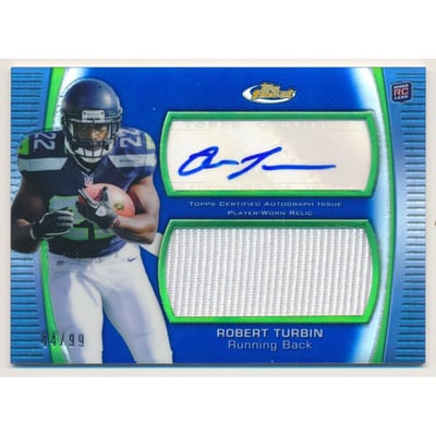 2012 Finest Jumbo Jersey Autographs Blue Refractors #AJRRTU Robert Turbin