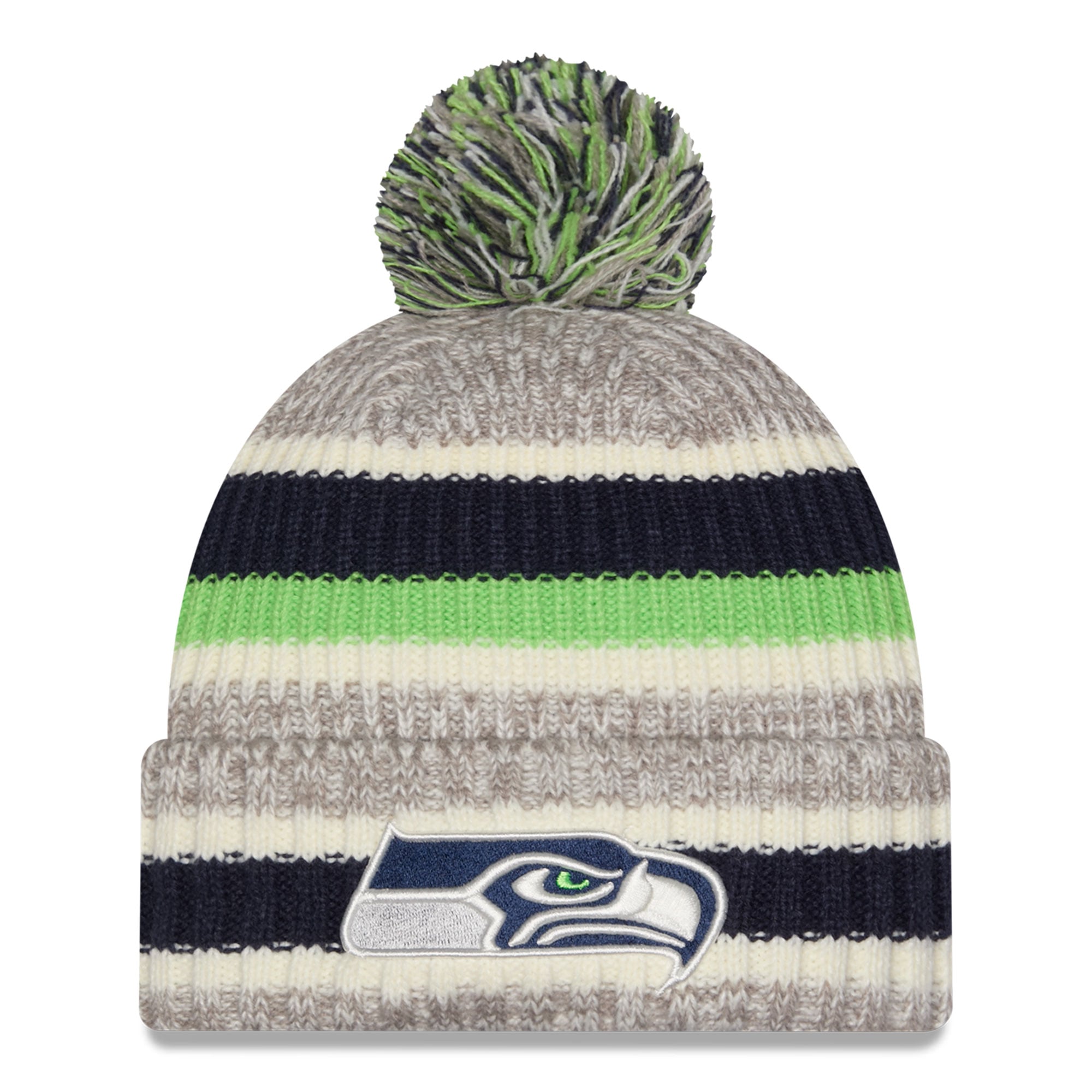 Bonnet à revers rayé bleu marine/beige Seattle Seahawks pour fille, New Era College, avec pompon