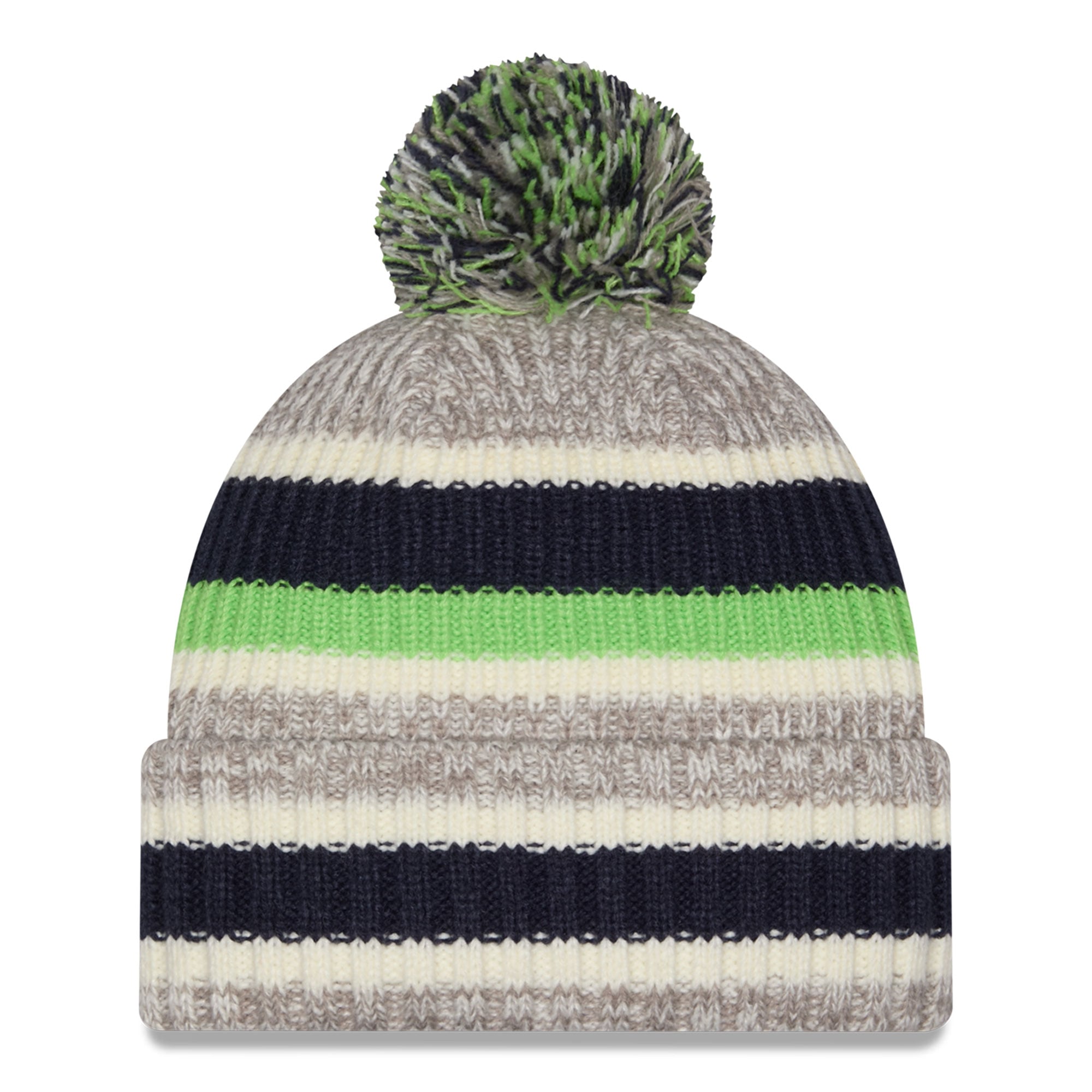 Bonnet à revers rayé bleu marine/beige Seattle Seahawks pour fille, New Era College, avec pompon