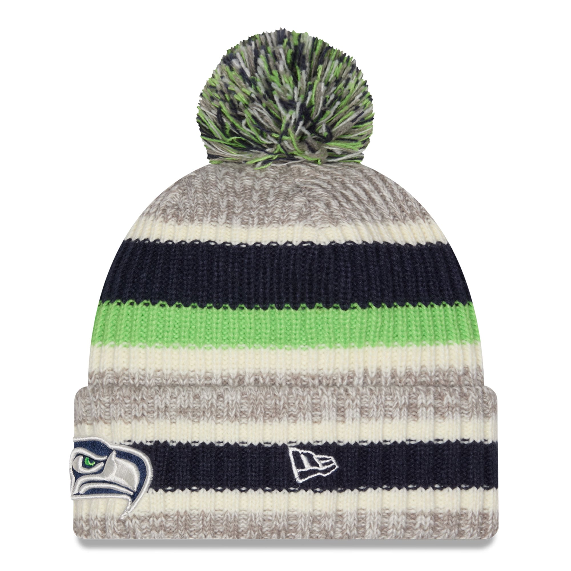 Bonnet à revers rayé bleu marine/beige Seattle Seahawks pour fille, New Era College, avec pompon