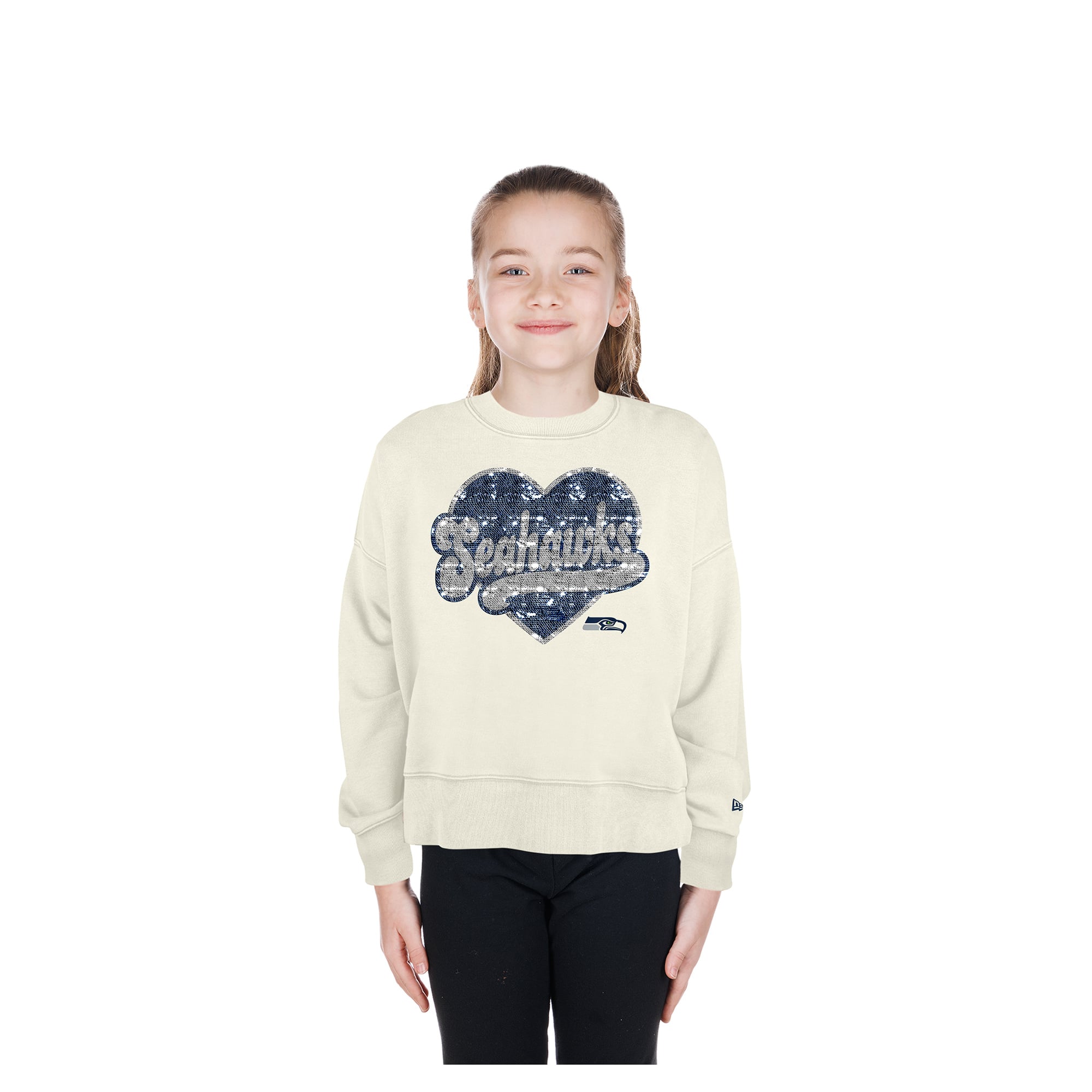 Girls Youth New Era  Light Beige Seattle Seahawks Flip Sequin Crewneck Sweatshirt
