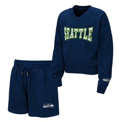  Seattle Seahawks WEAR by Erin Andrews Girls Youth Red Zone Fleece V-Neck Sweatshirt and Shorts Set - College Navy