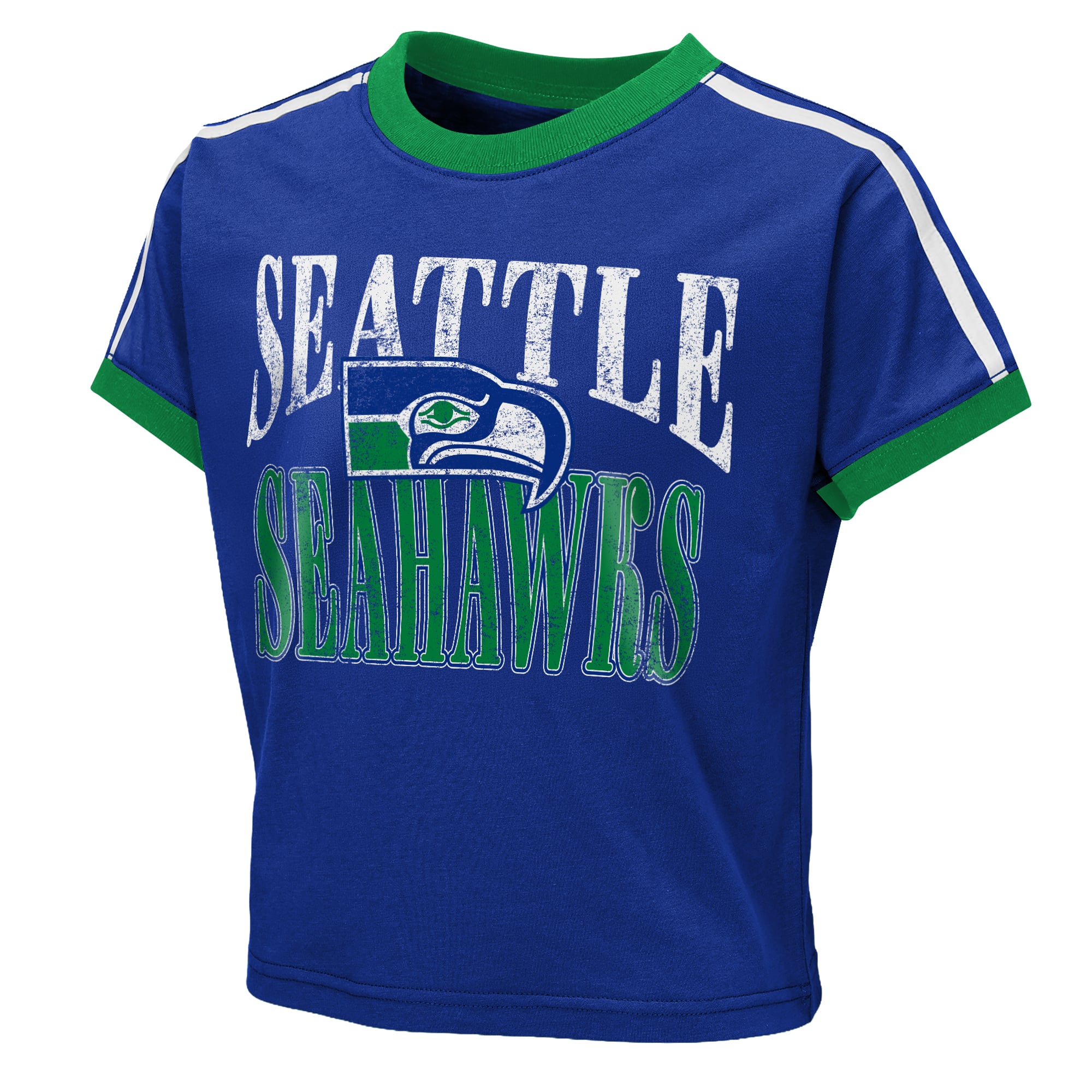 Girls Youth  WEAR by Erin Andrews Royal Seattle Seahawks Cropped Hail Mary Ringer Baby T-Shirt