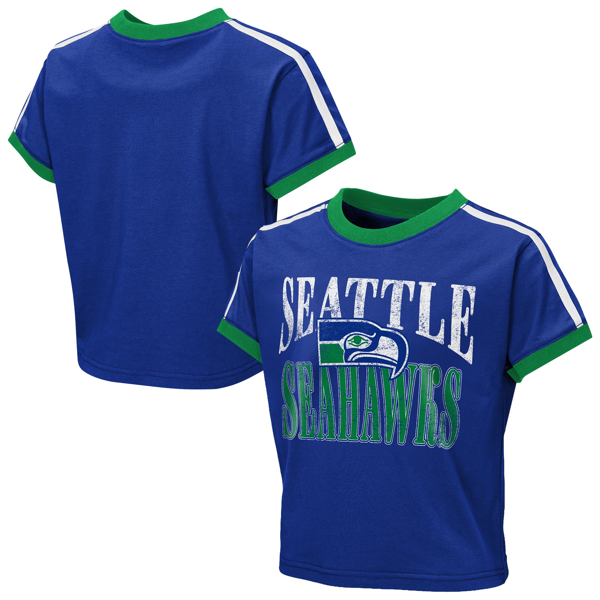 Girls Youth  WEAR by Erin Andrews Royal Seattle Seahawks Cropped Hail Mary Ringer Baby T-Shirt