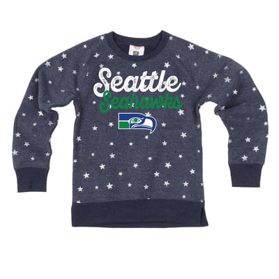  Seattle Seahawks Wes & Willy Girls Youth Shimmer Star Reverse Sweatshirt - College Navy