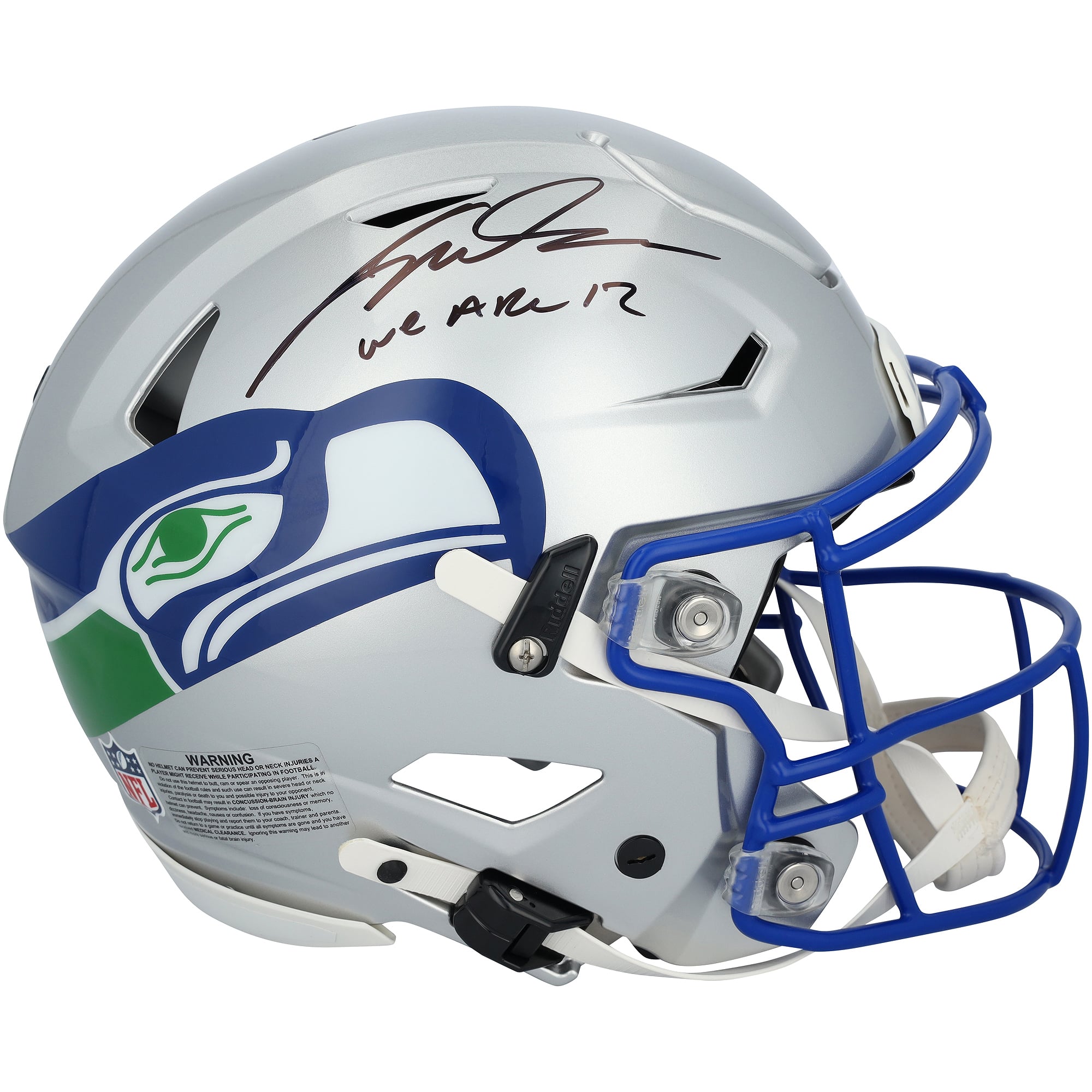 Casque Riddell Speed ​​Flex Authentic rétro 1983-2001 autographié par Jalen Milroe des Seahawks de Seattle, avec inscription « We Are 12 ».