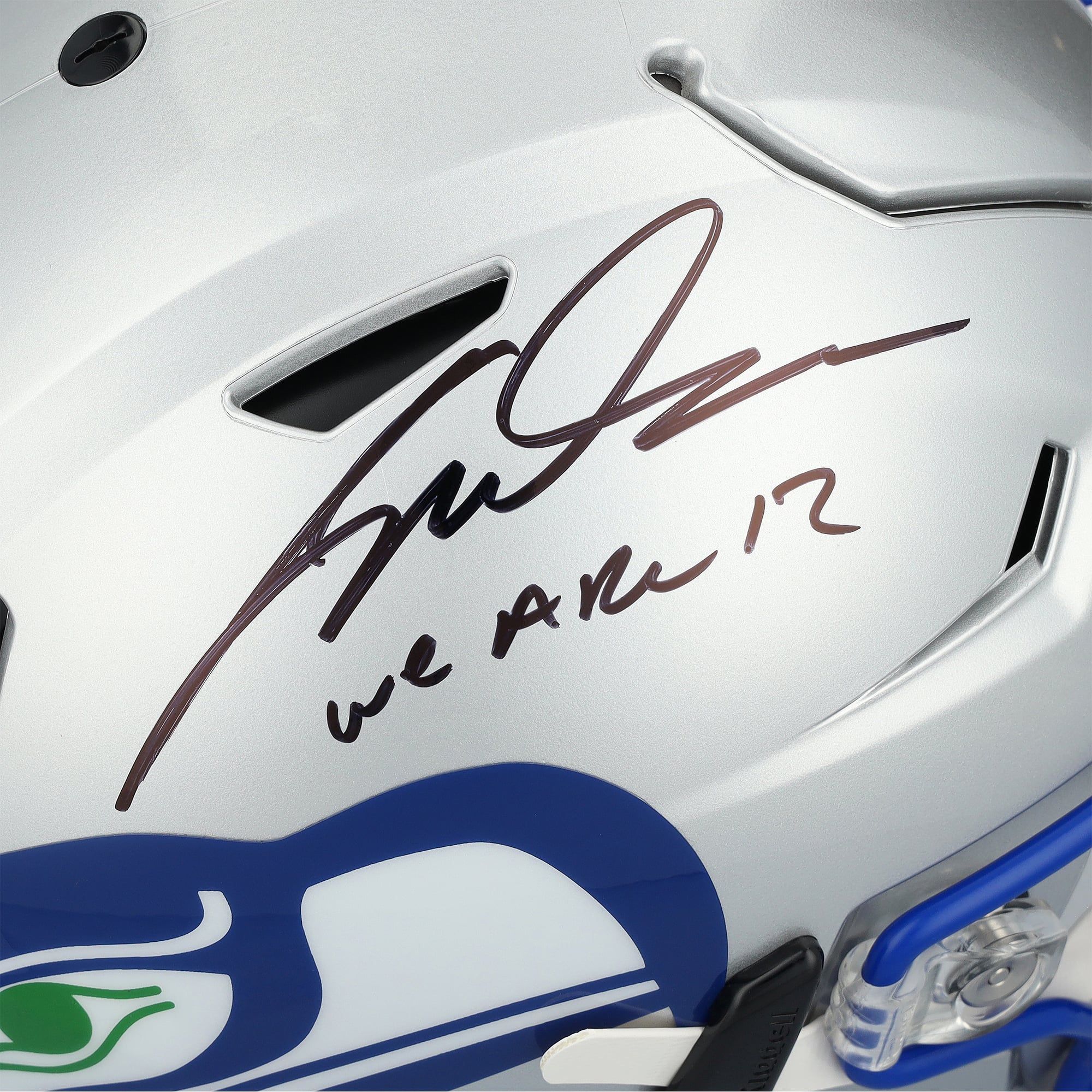 Casque Riddell Speed ​​Flex Authentic rétro 1983-2001 autographié par Jalen Milroe des Seahawks de Seattle, avec inscription « We Are 12 ».