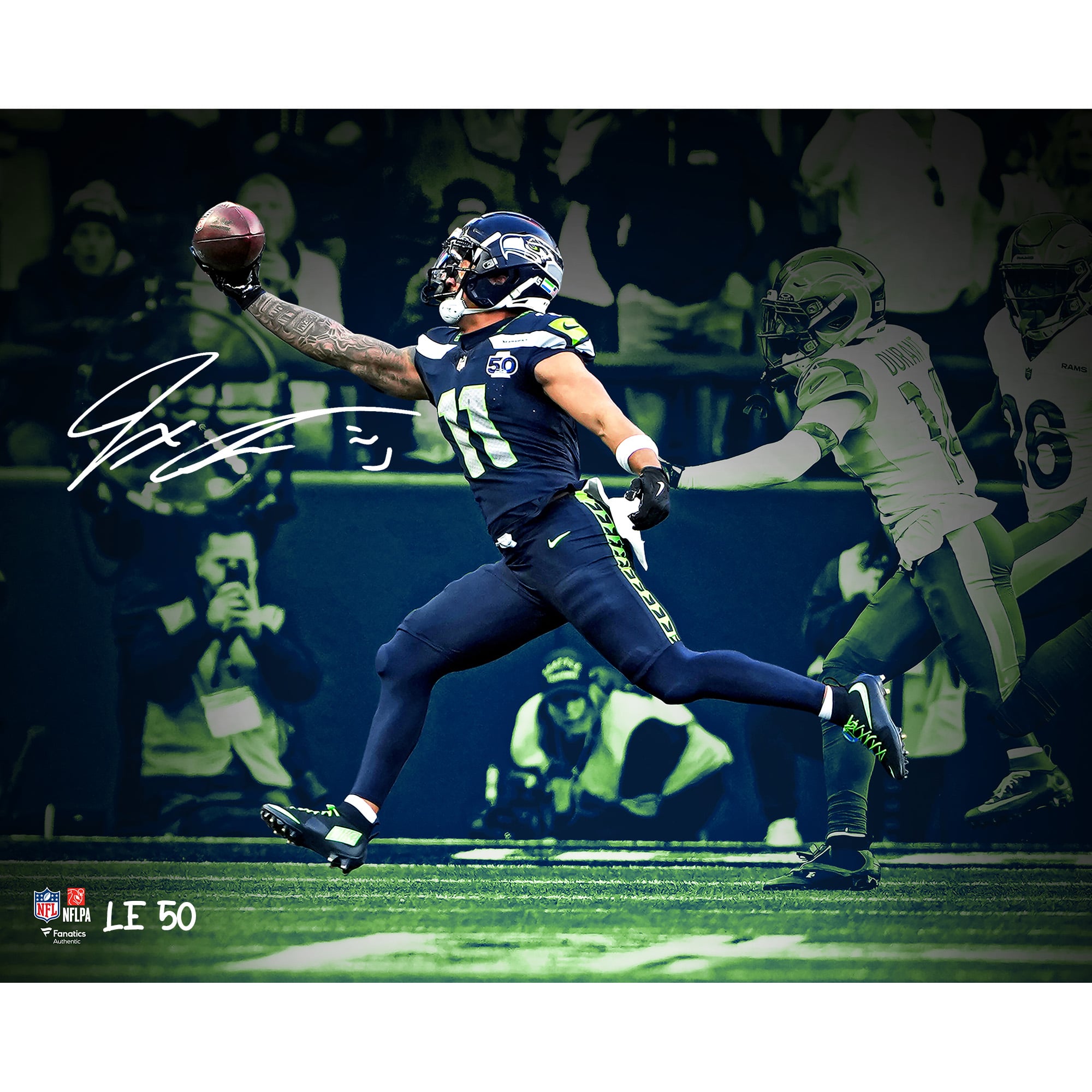 Photo dédicacée de Jaxon Smith-Njigba (Seattle Seahawks) - 40,6 x 50,8 cm (16 x 20 pouces) - Championnat NFC 2025 - Réception à une main - Couleurs des Seahawks - Édition limitée à 50 exemplaires