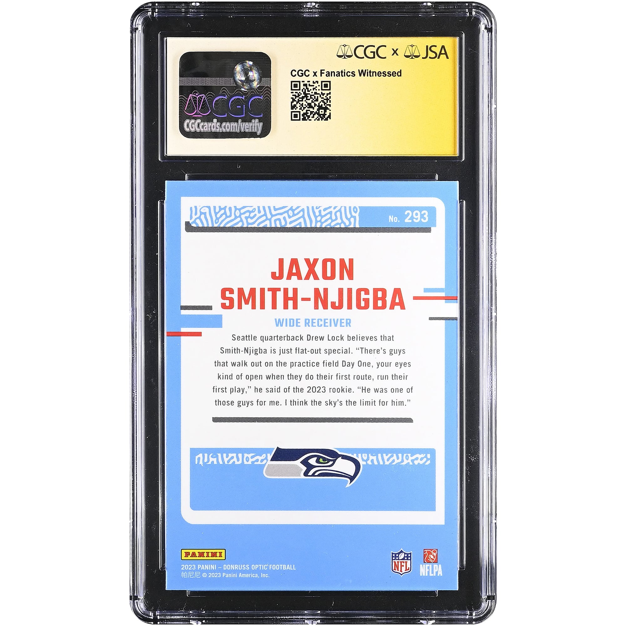 Carte de recrue autographiée Jaxon Smith-Njigba des Seahawks de Seattle (2023 Donruss Optic #293) authentifiée par Fanatics Witnessed (CGC, 10/10).
