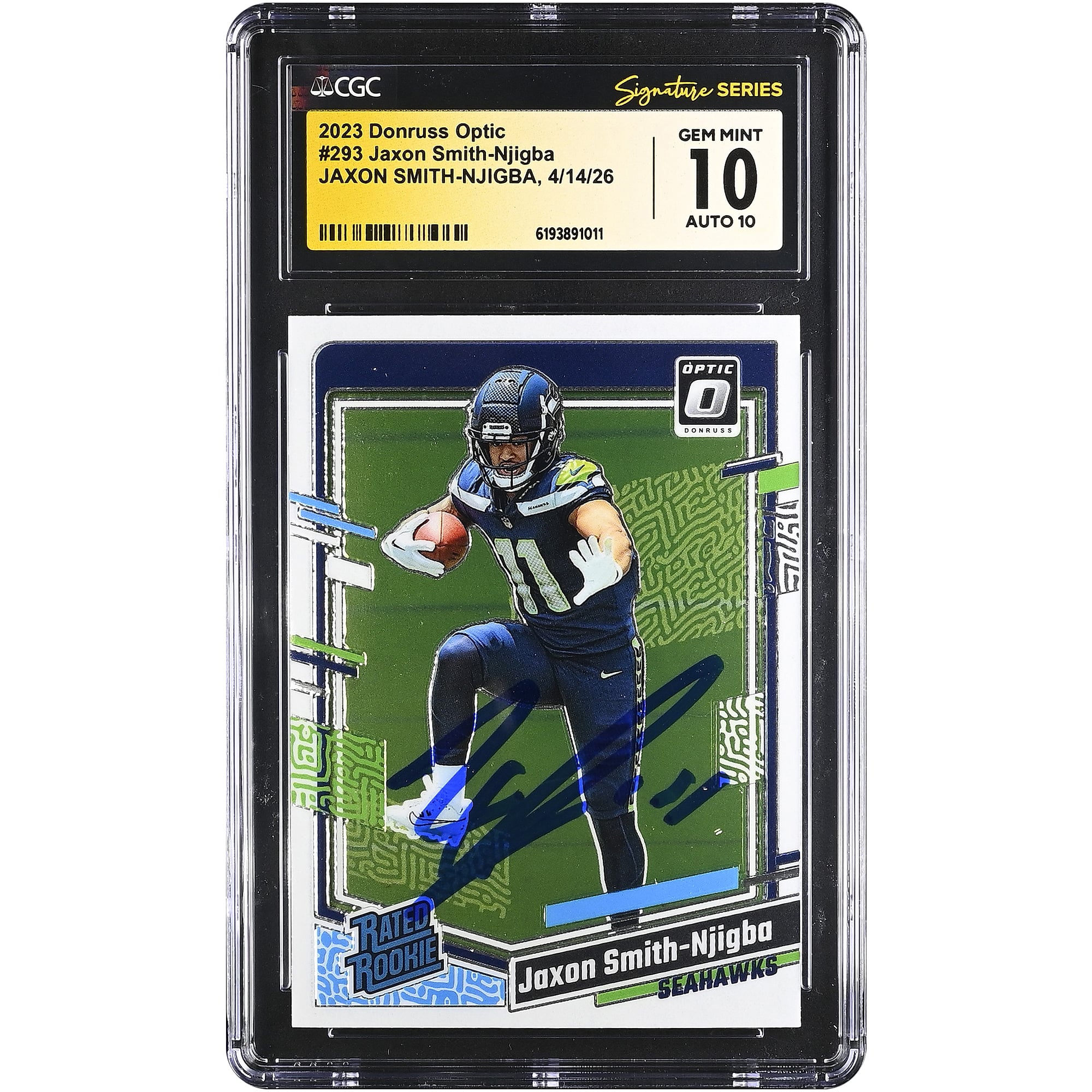 Carte de recrue autographiée Jaxon Smith-Njigba des Seahawks de Seattle (2023 Donruss Optic #293) authentifiée par Fanatics Witnessed (CGC, 10/10).