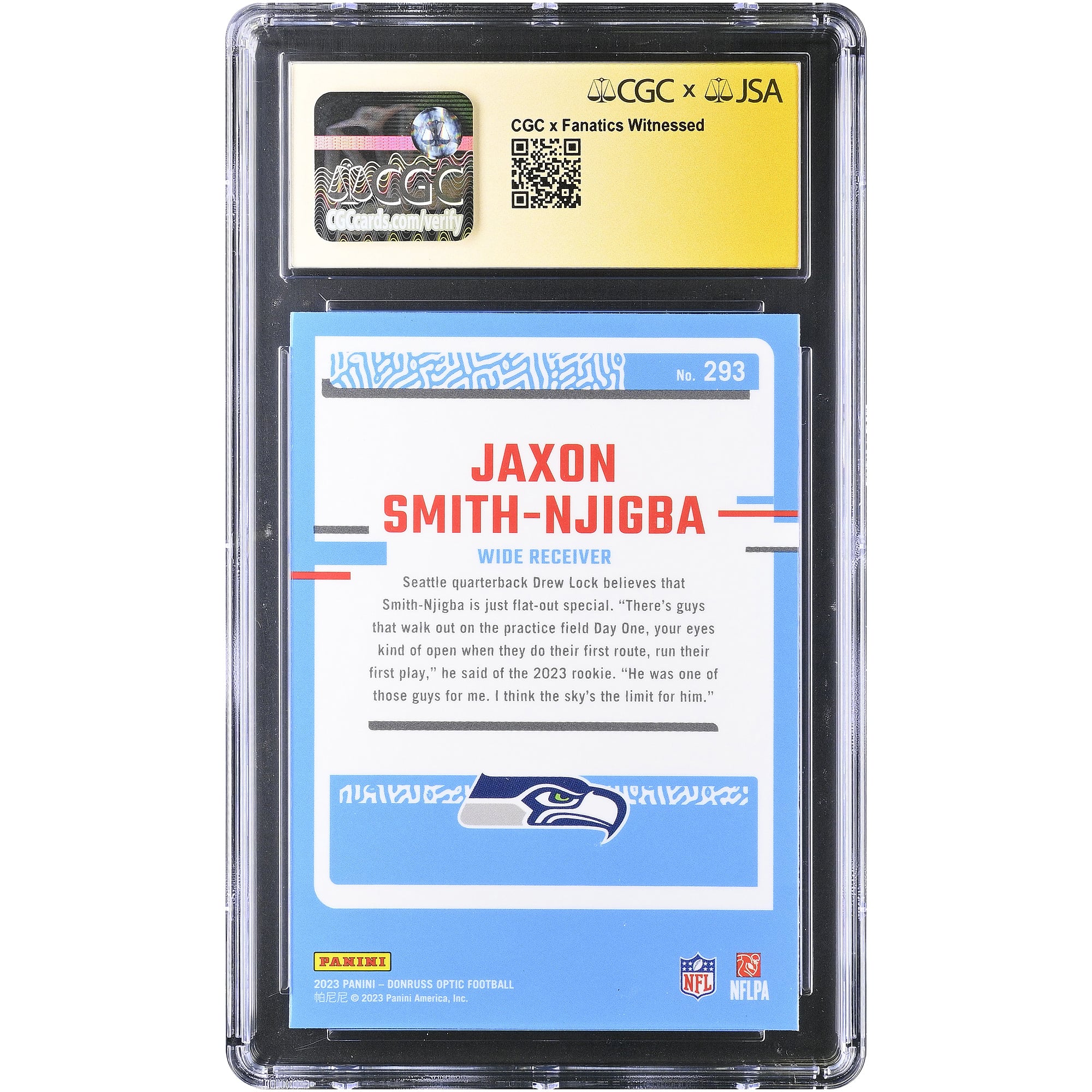 Jaxon Smith-Njigba Seattle Seahawks Autographed 2023 Donruss Optic #293 CGC Fanatics Witnessed Authenticated AUTO 10 Rookie Card
