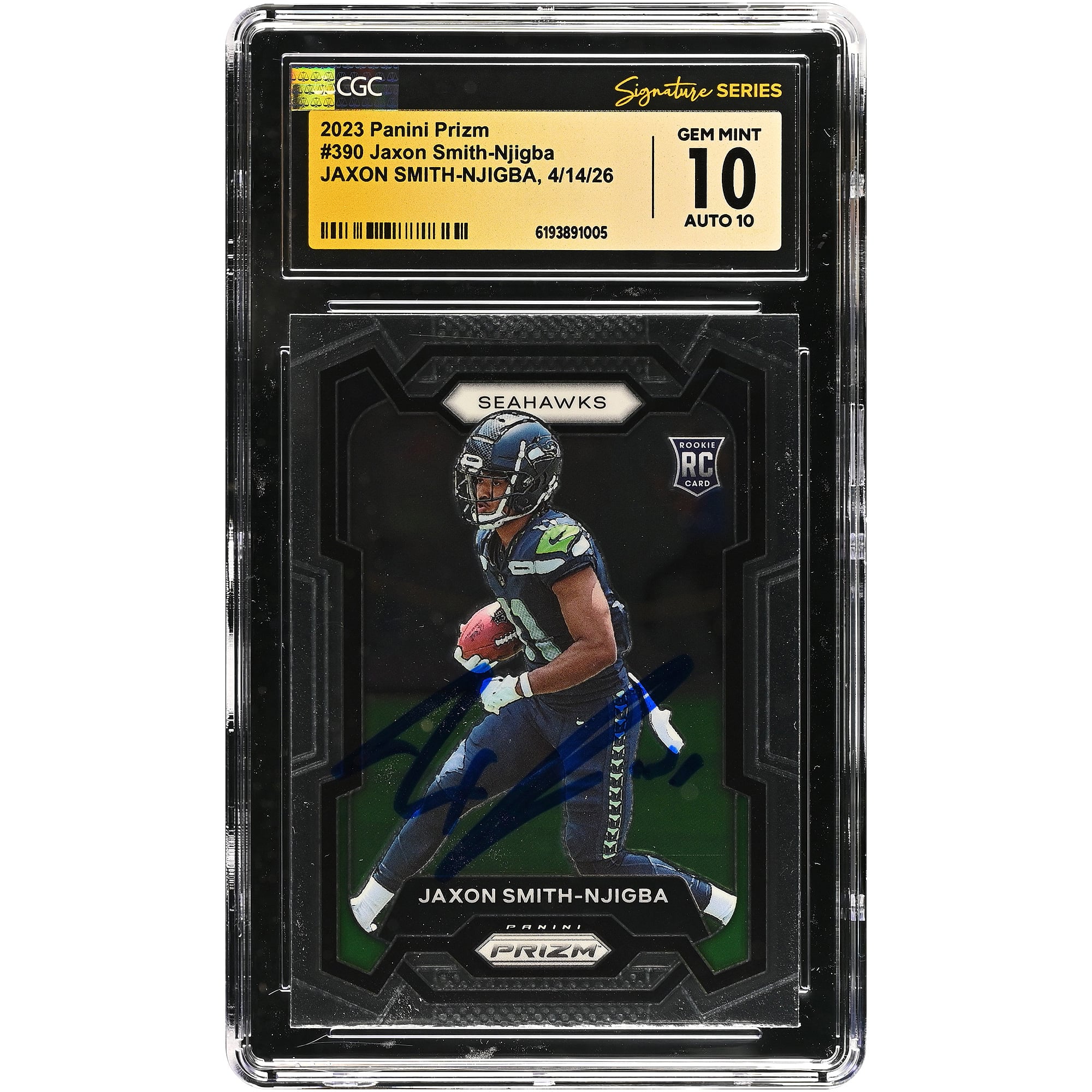 Carte recrue autographiée de Jaxon Smith-Njigba (Seattle Seahawks), Panini Prizm 2023 n° 390, certifiée 10/10 par Fanatics Witnessed (CGC).