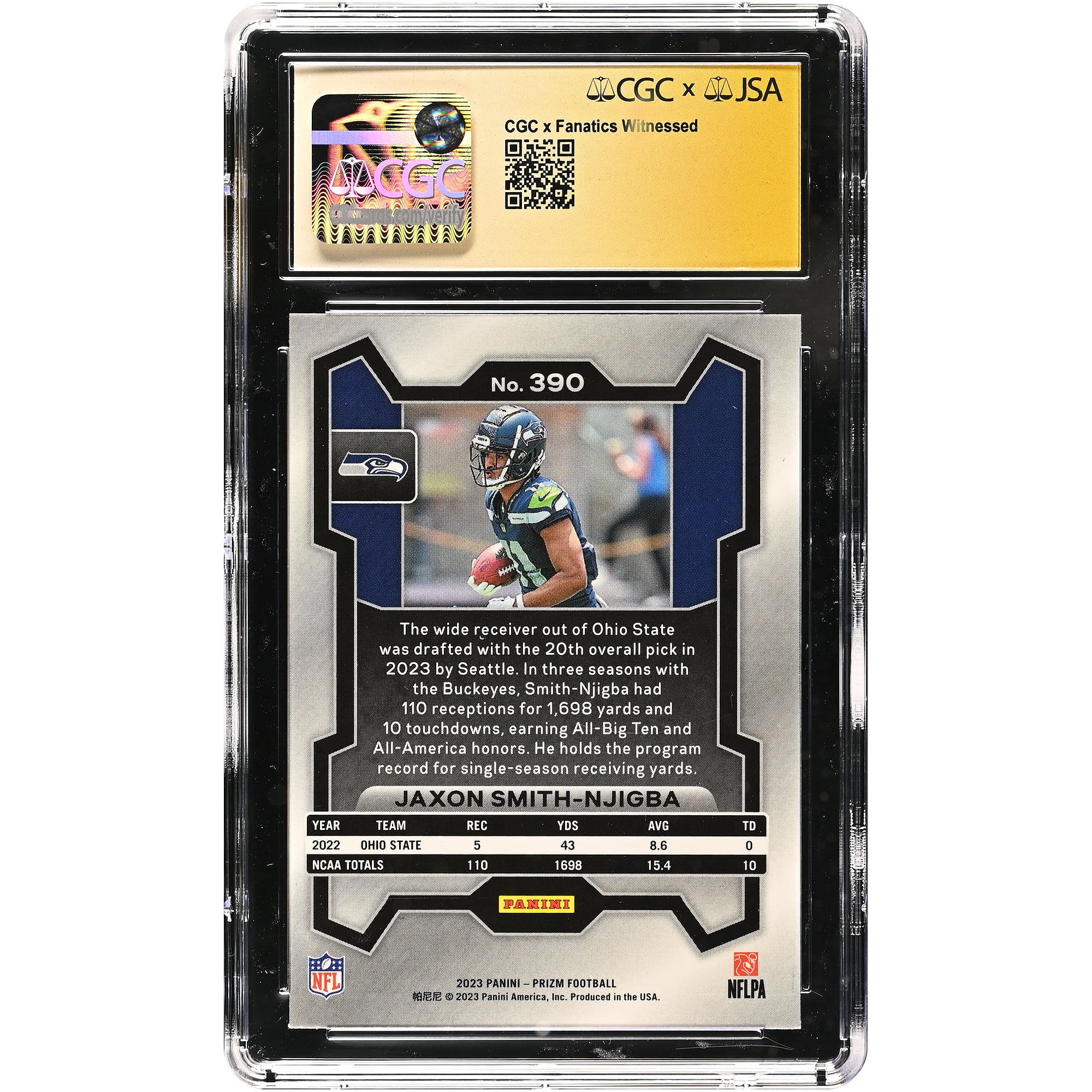 Carte recrue autographiée de Jaxon Smith-Njigba (Seattle Seahawks), Panini Prizm 2023 n° 390, certifiée 10/10 par Fanatics Witnessed (CGC).
