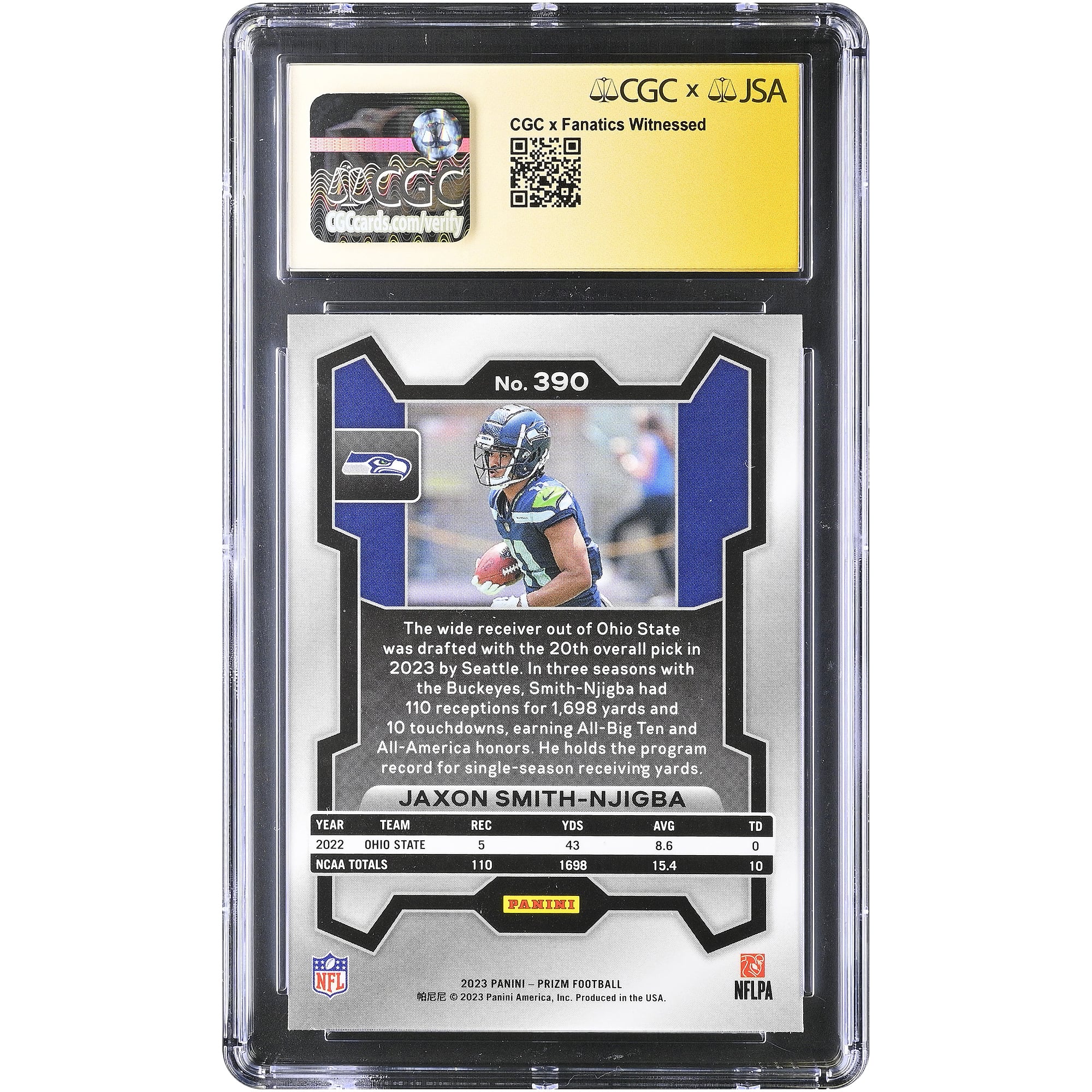 Jaxon Smith-Njigba Seattle Seahawks Autographed 2023 Panini Prizm #390 CGC Fanatics Witnessed Authenticated AUTO 10 Rookie Card