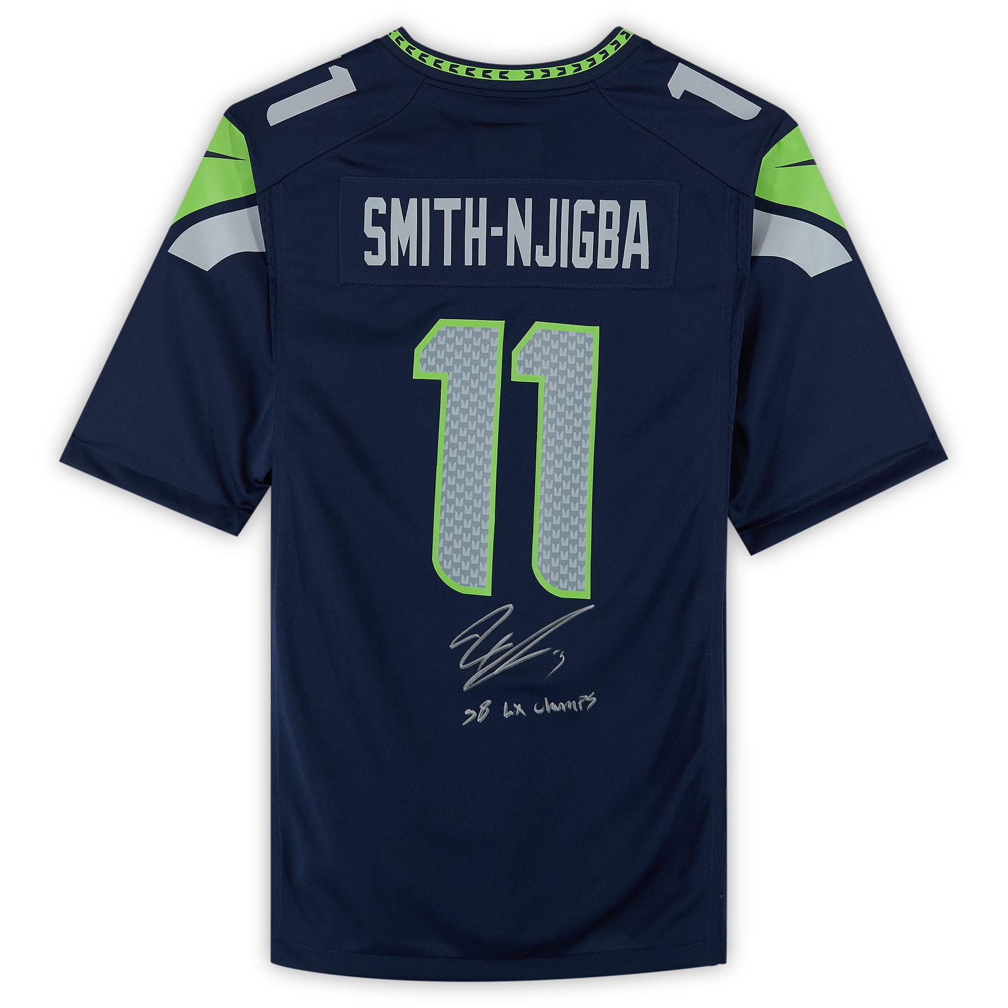 Maillot de match Nike bleu marine autographié par Jaxon Smith-Njigba des Seattle Seahawks lors du Super Bowl LX, avec inscription « Champions du SB LX ».