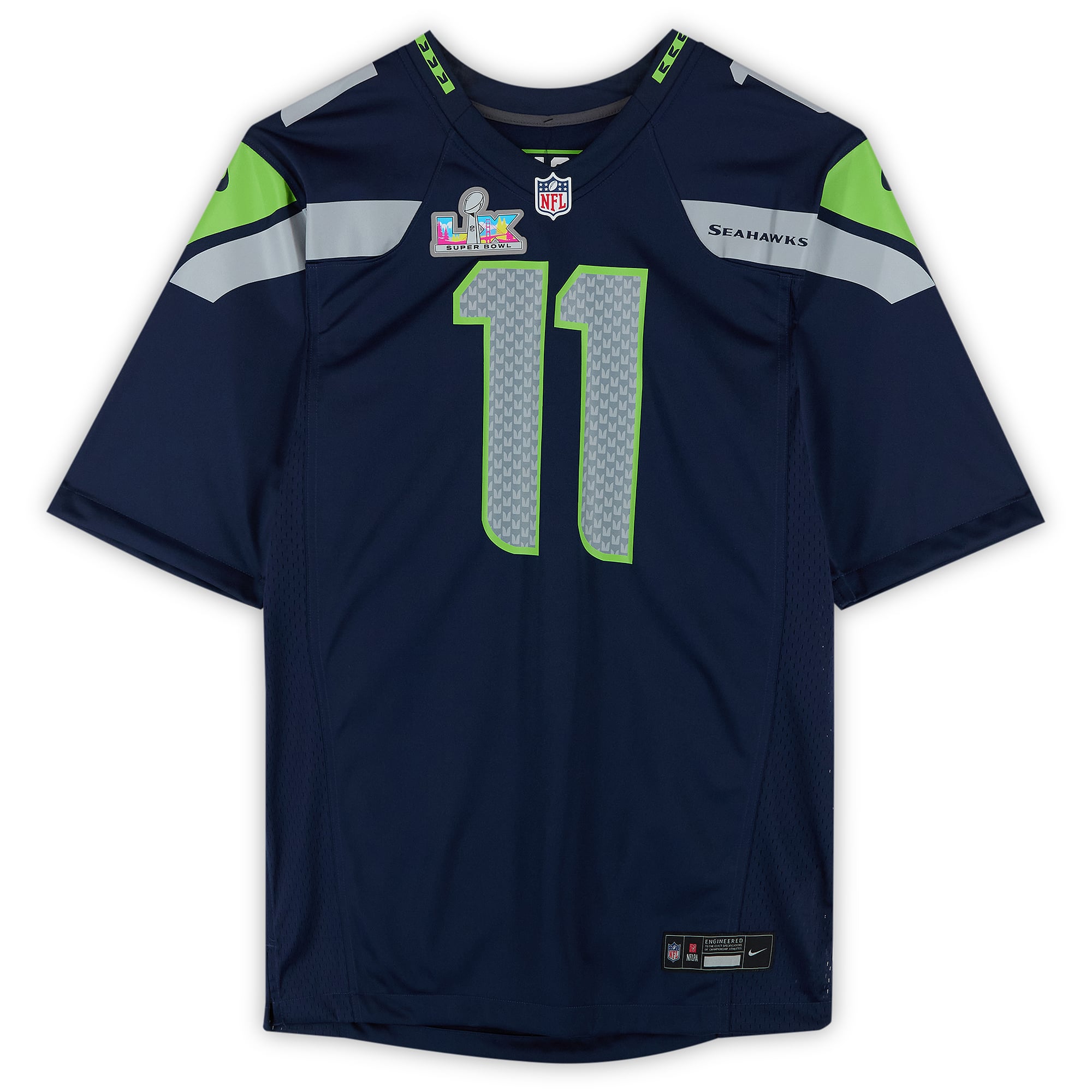 Maillot de match Nike bleu marine autographié par Jaxon Smith-Njigba des Seattle Seahawks lors du Super Bowl LX, avec inscription « Champions du SB LX ».
