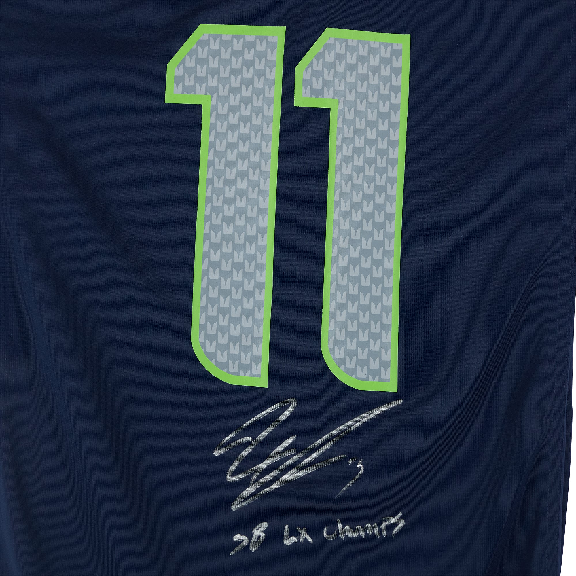 Maillot de match Nike bleu marine autographié par Jaxon Smith-Njigba des Seattle Seahawks lors du Super Bowl LX, avec inscription « Champions du SB LX ».